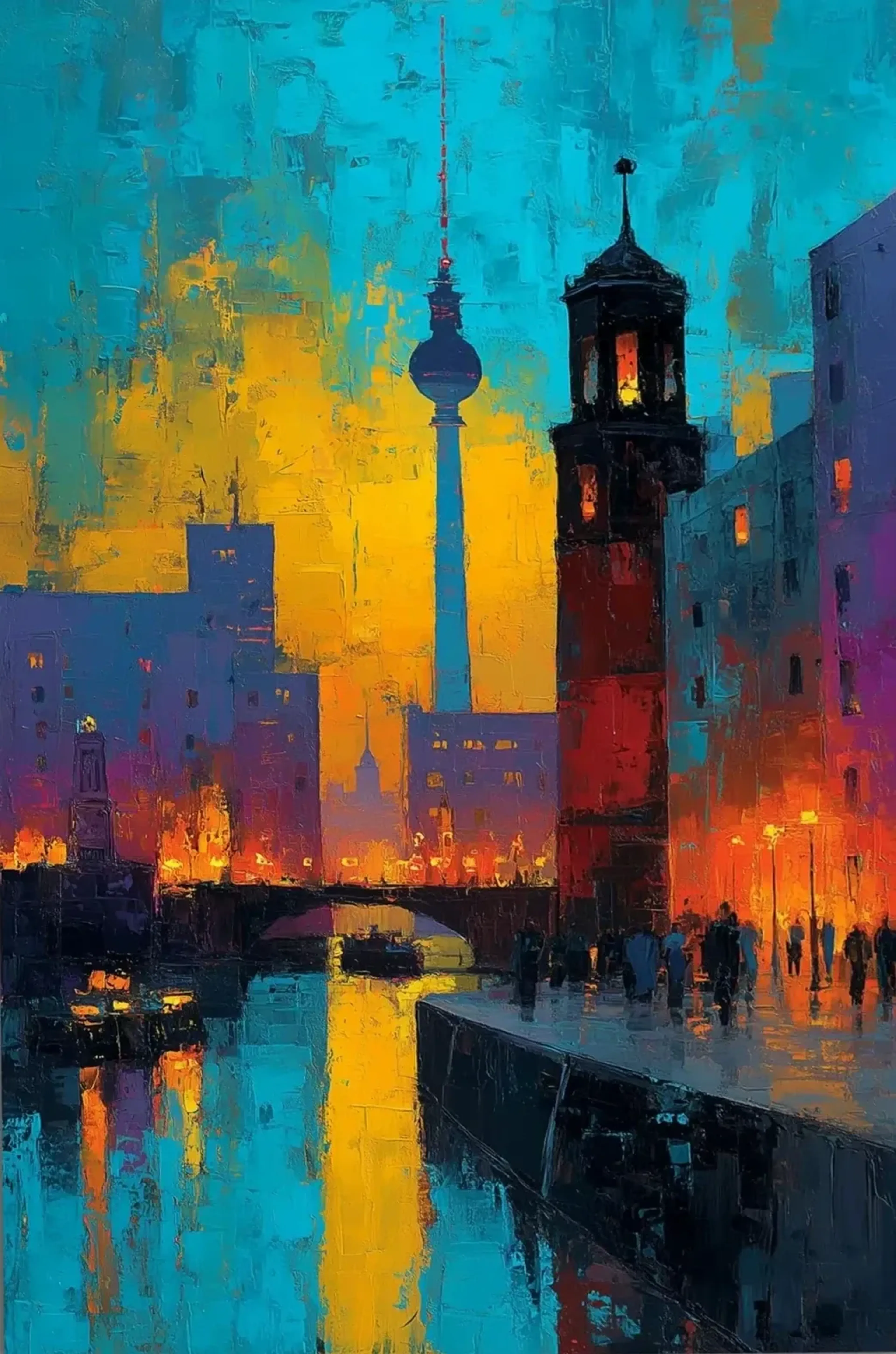Eine Berliner Stadtszene mit Fernsehturm, Brücke und Booten leuchtet in kantigen Farbflächen aus Türkis und Orange.