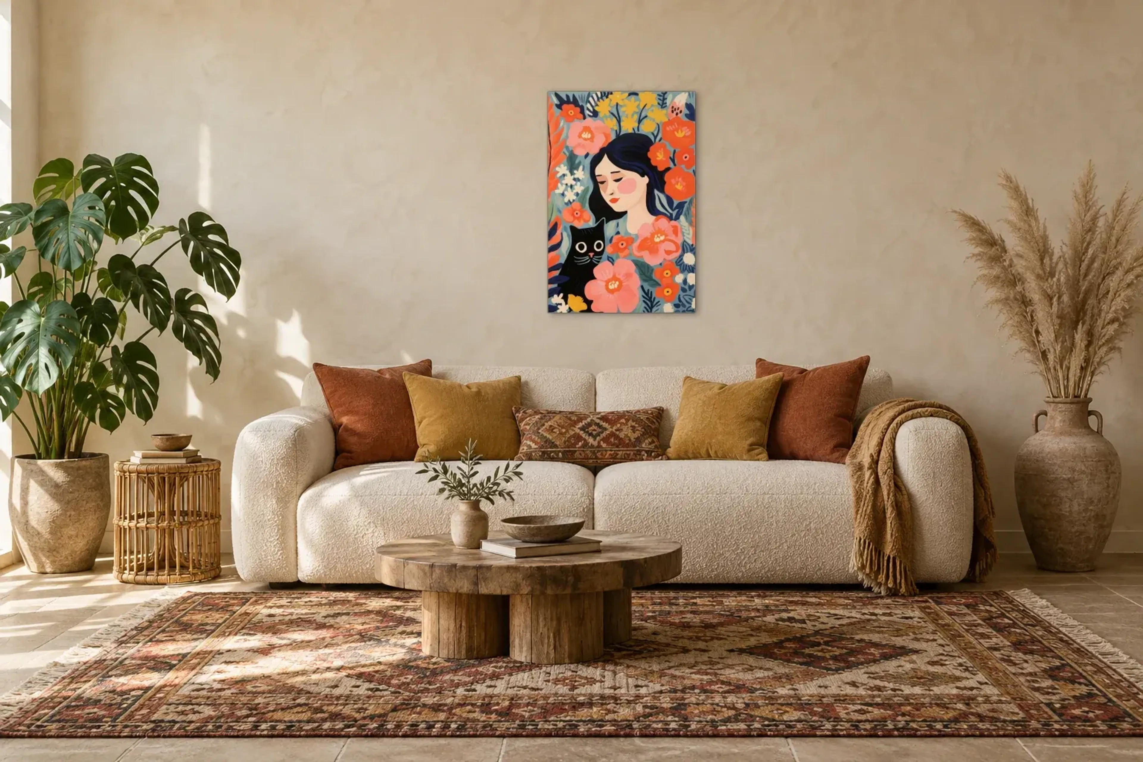 Frau mit Katze und Blüten als Wandbild über einem 220-cm-Sofa