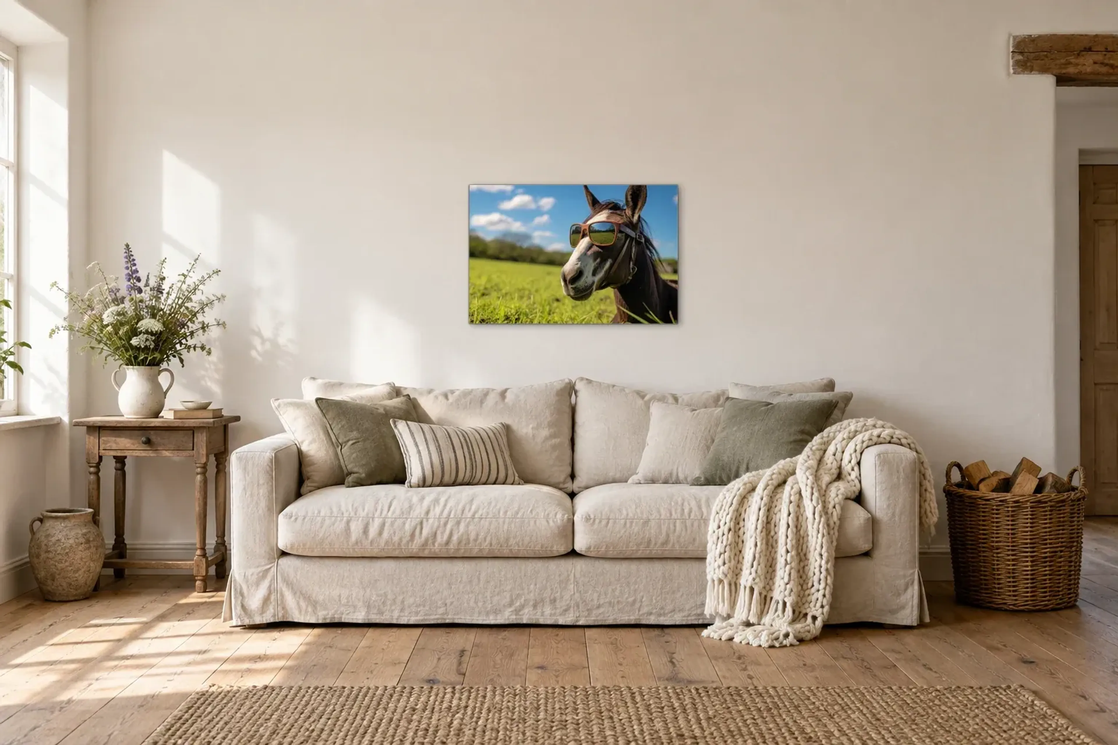 Pferd mit Sonnenbrille als Wandbild über einem 220-cm-Sofa