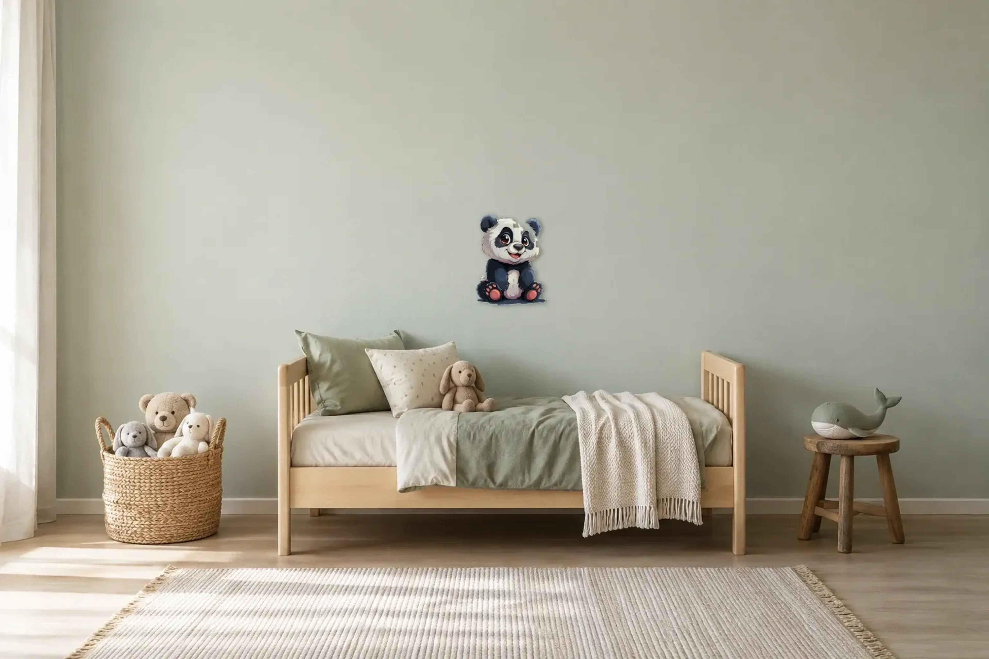 Fröhlicher Pandabär als Wandbild über einem 200-cm-Kinderbett