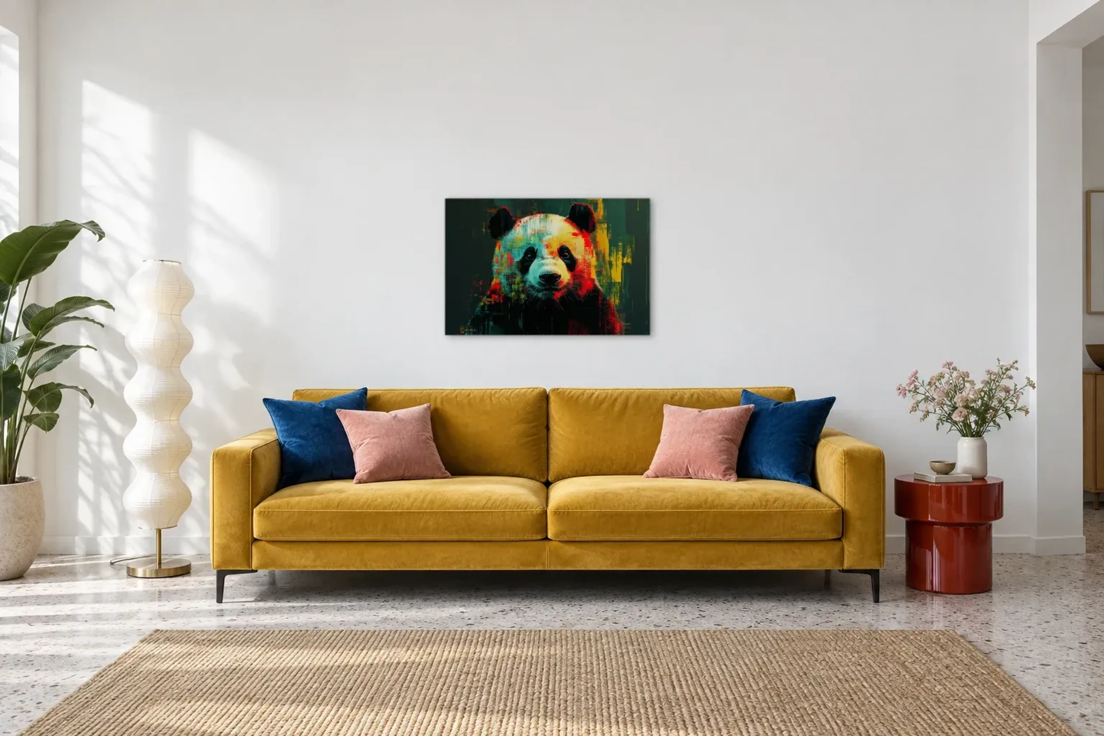 Panda als Wandbild über einem 220-cm-Sofa