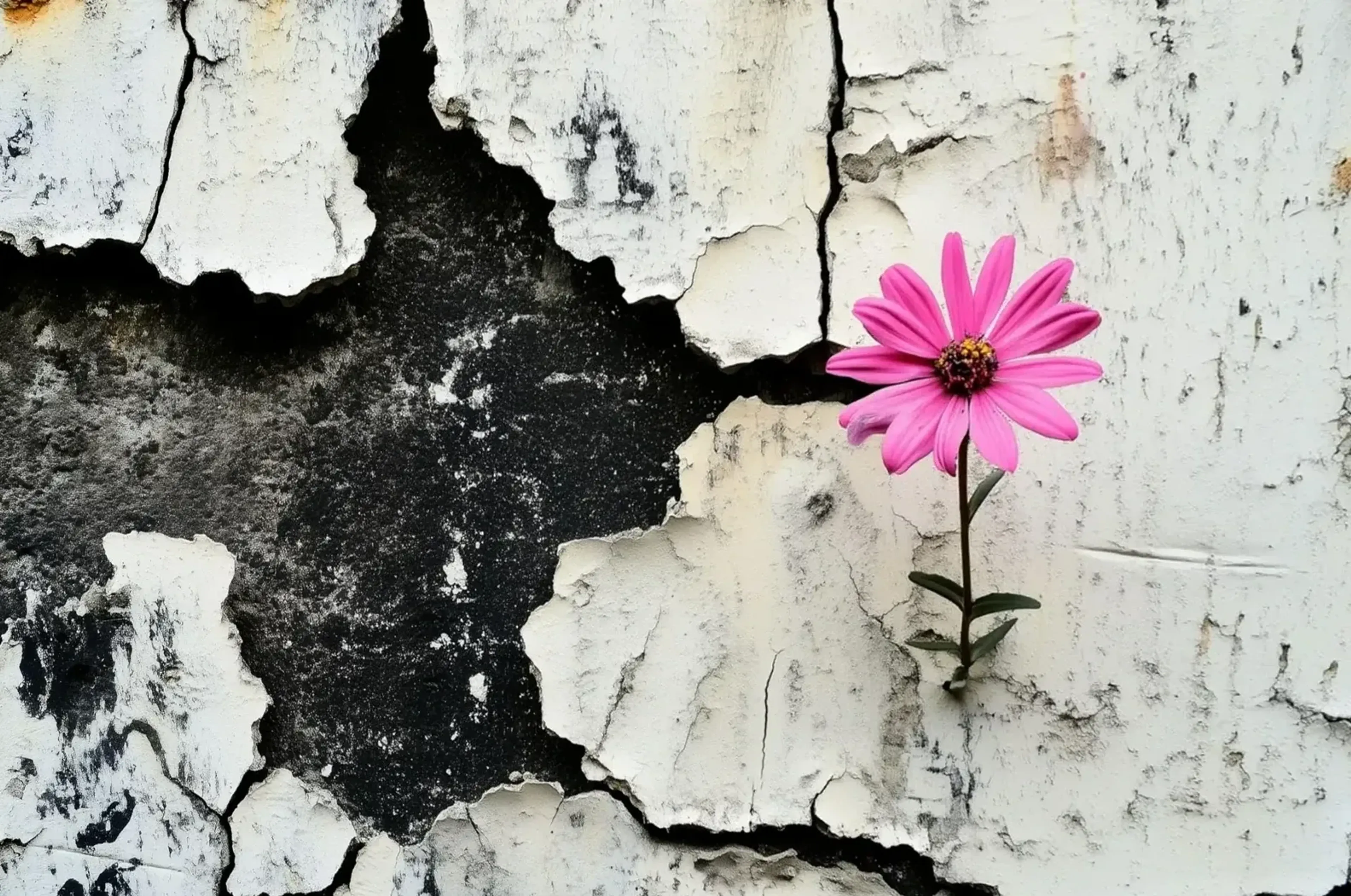 Eine pinkfarbene Blüte wächst aus einem Riss in einer hellen Wand mit abblätternder Farbe und dunklem Untergrund.