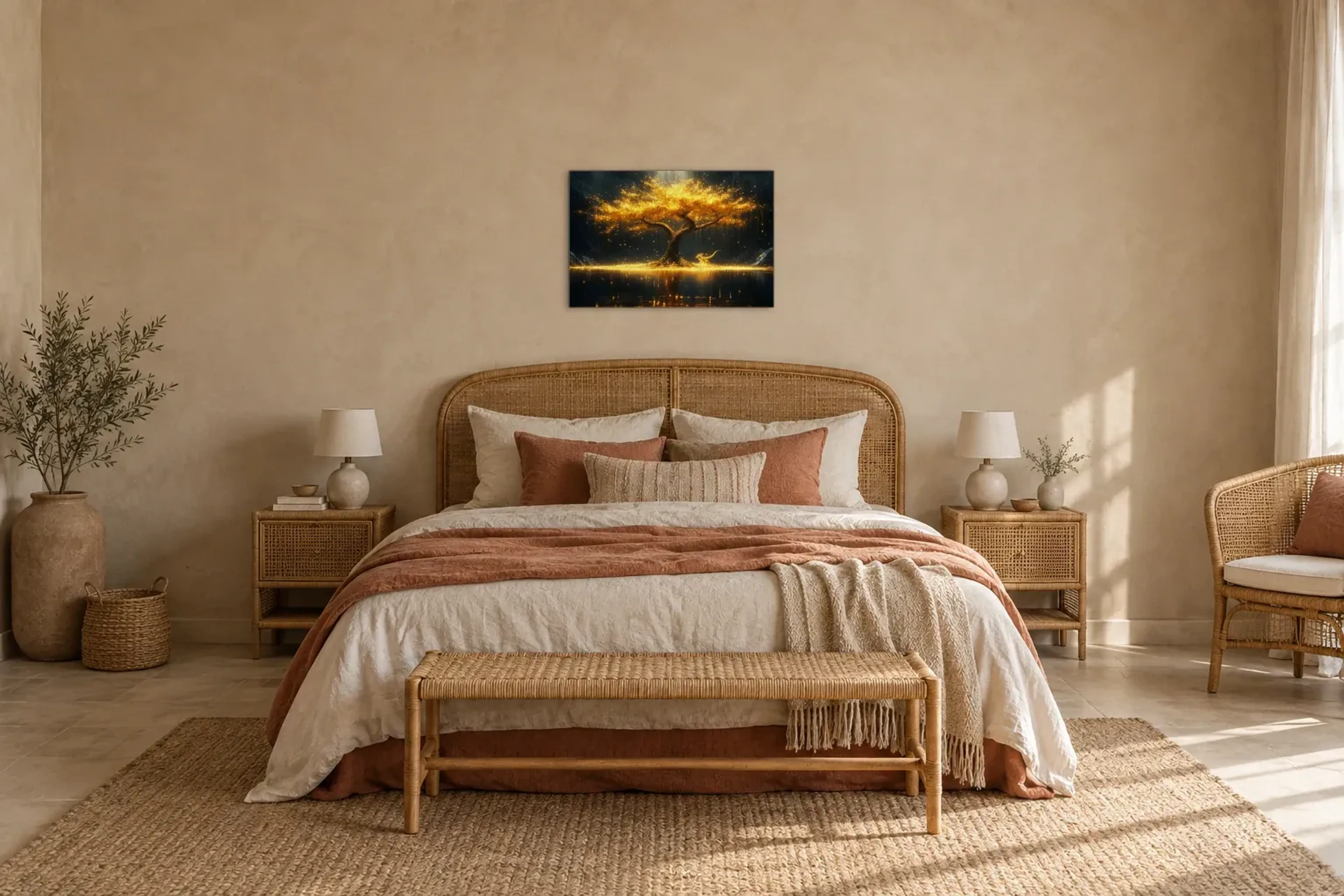 Drachenschatz als Wandbild über einem 180-cm-Bett