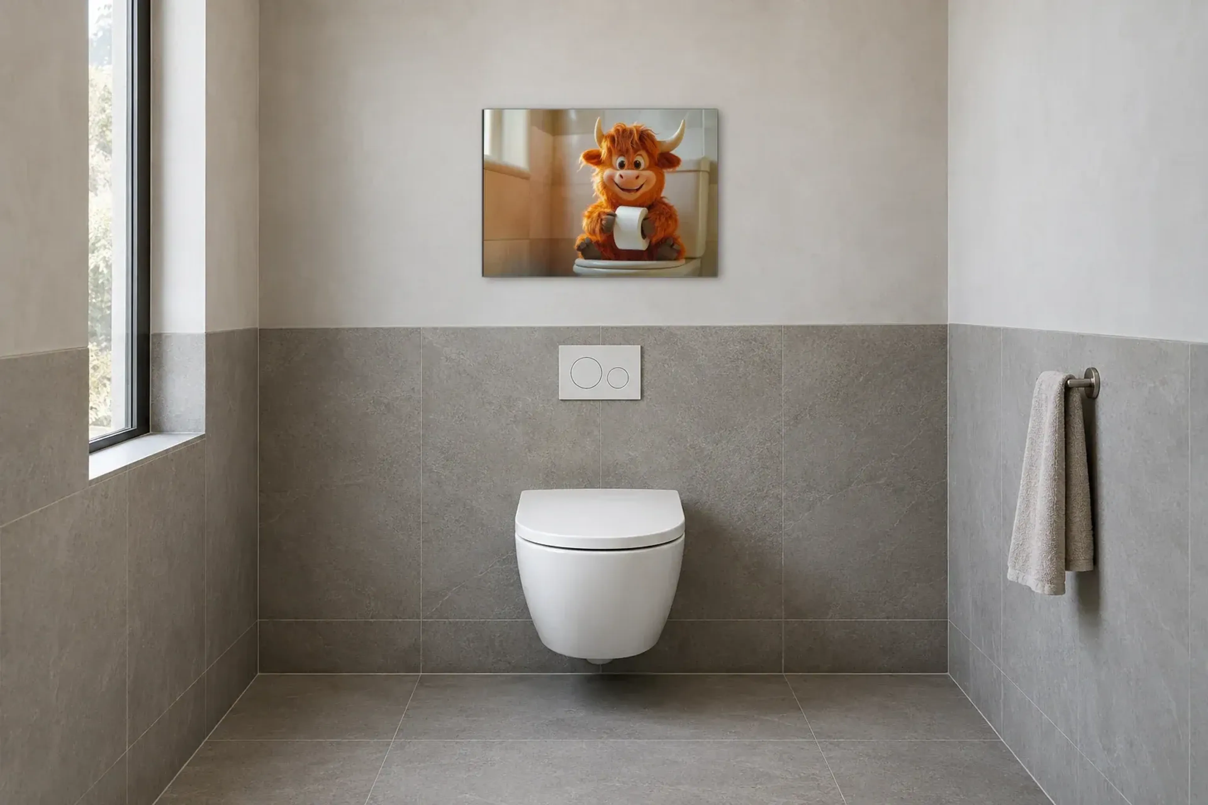Hochlandrind im Fensterlicht als Wandbild im Gäste-WC