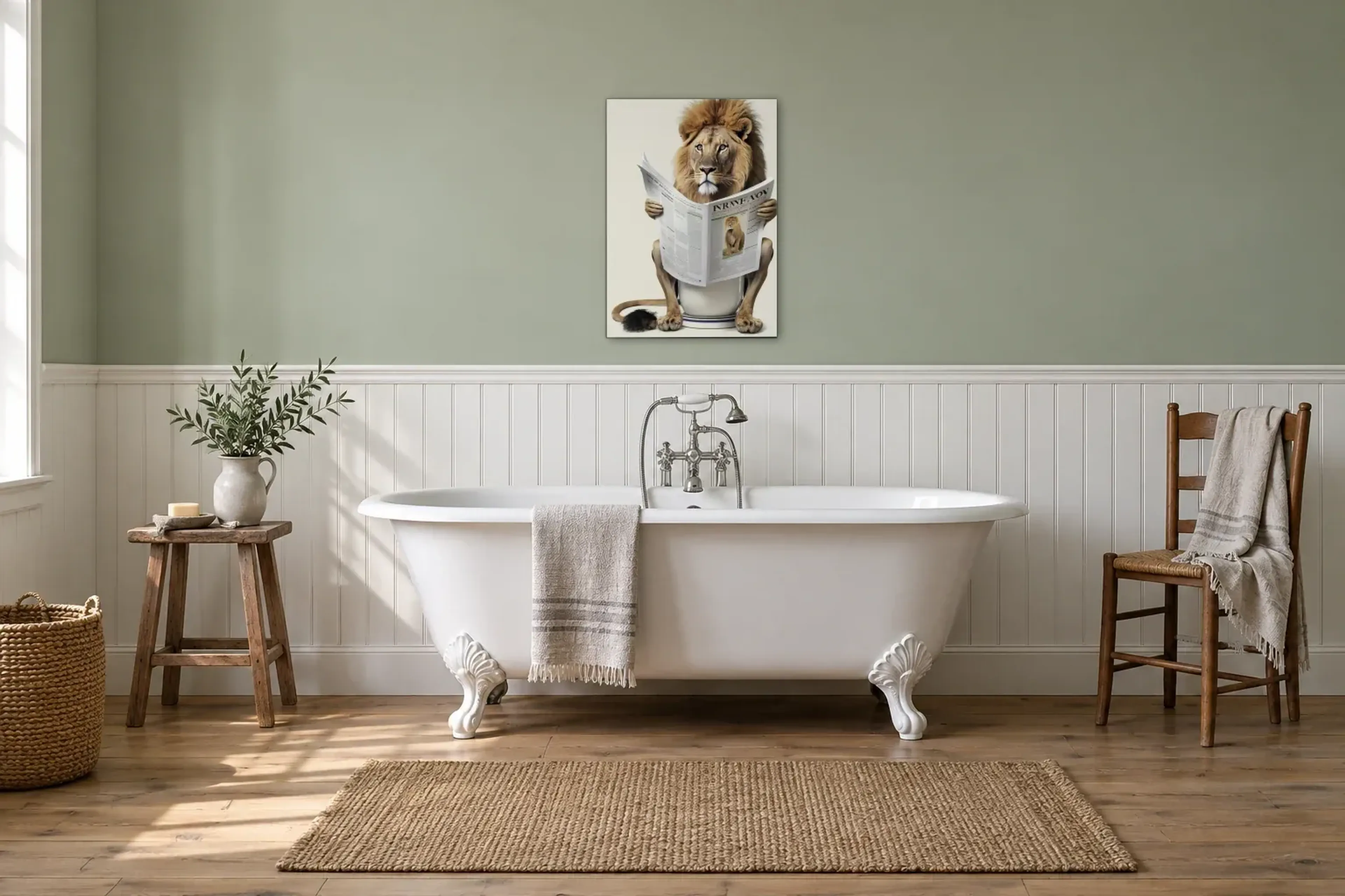 Löwe mit Zeitung als Wandbild über einer 170-cm-Badewanne