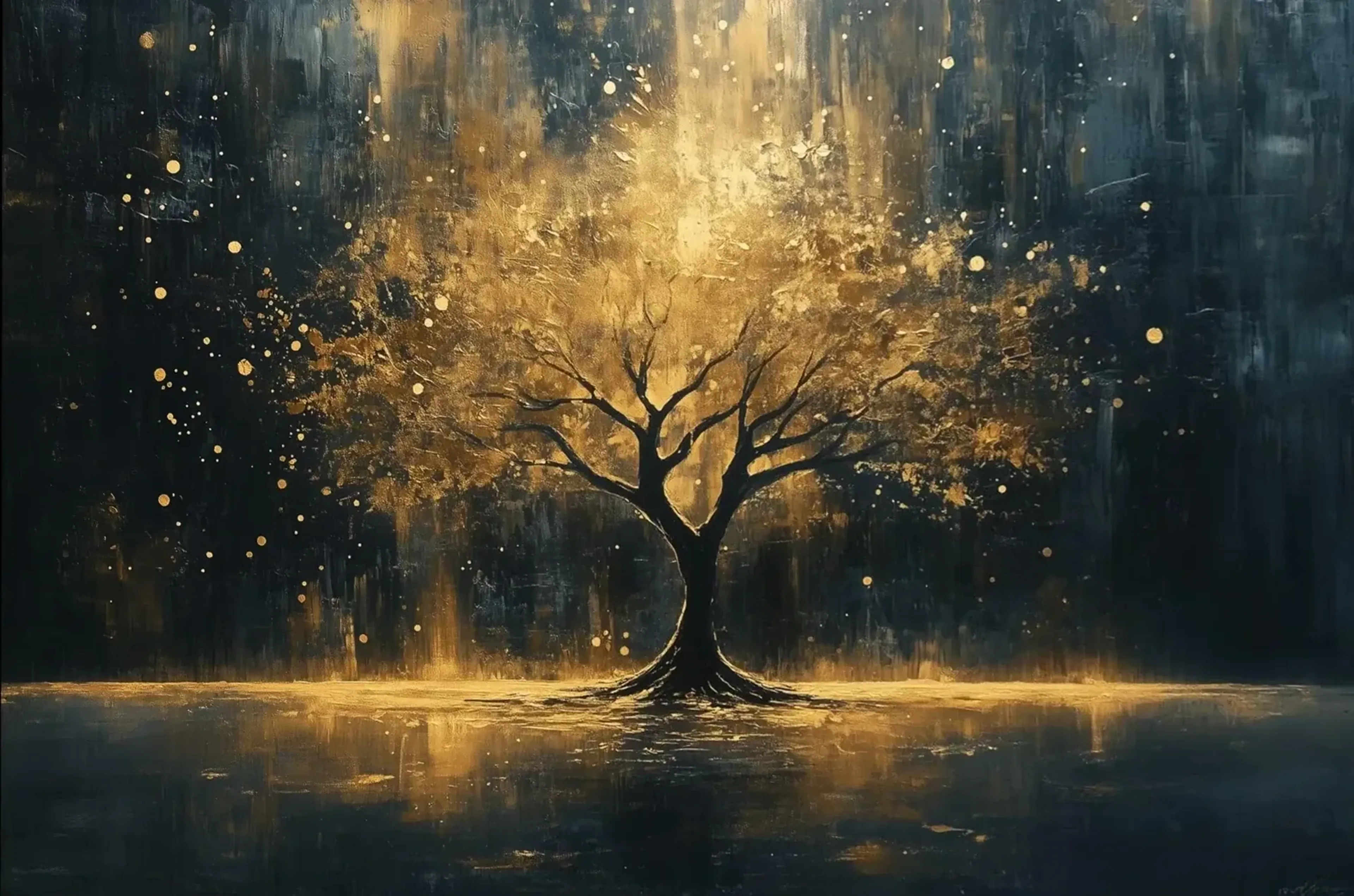 Ein einzelner Baum mit leuchtender goldfarbener Krone und Lichtspiegelung vor einem dunklen Hintergrund.