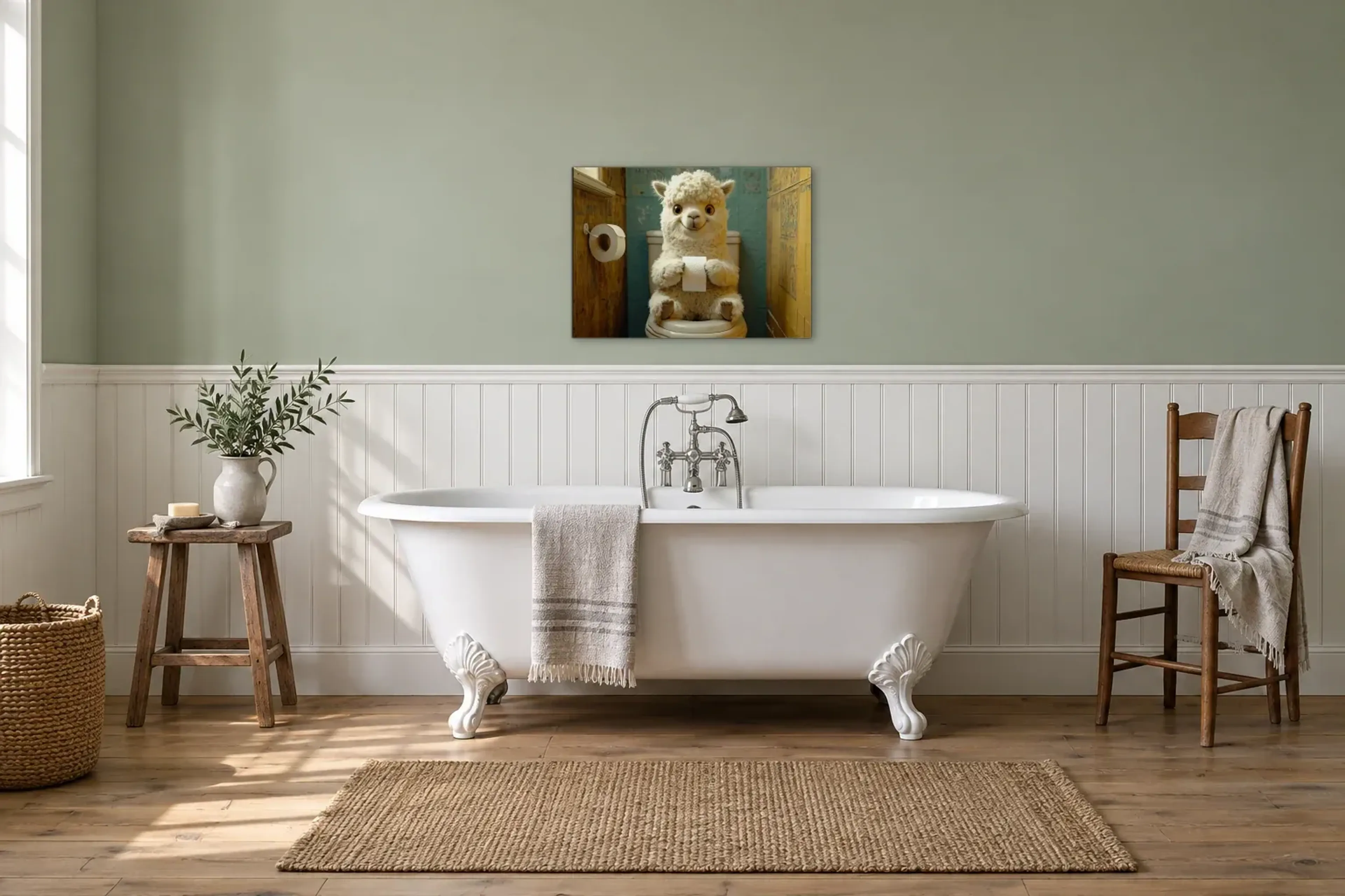 Alpaka zwischen bunten Fliesen als Wandbild über einer 170-cm-Badewanne