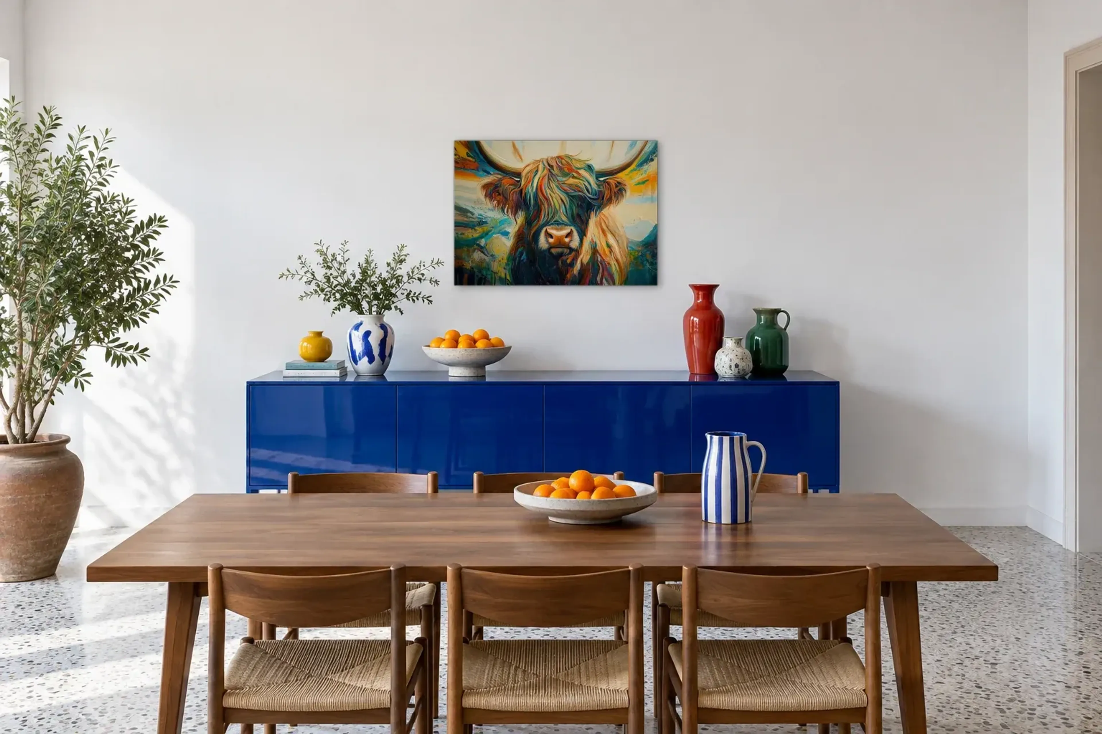Hochlandrind im Farbfluss als Wandbild über einem 180-cm-Sideboard