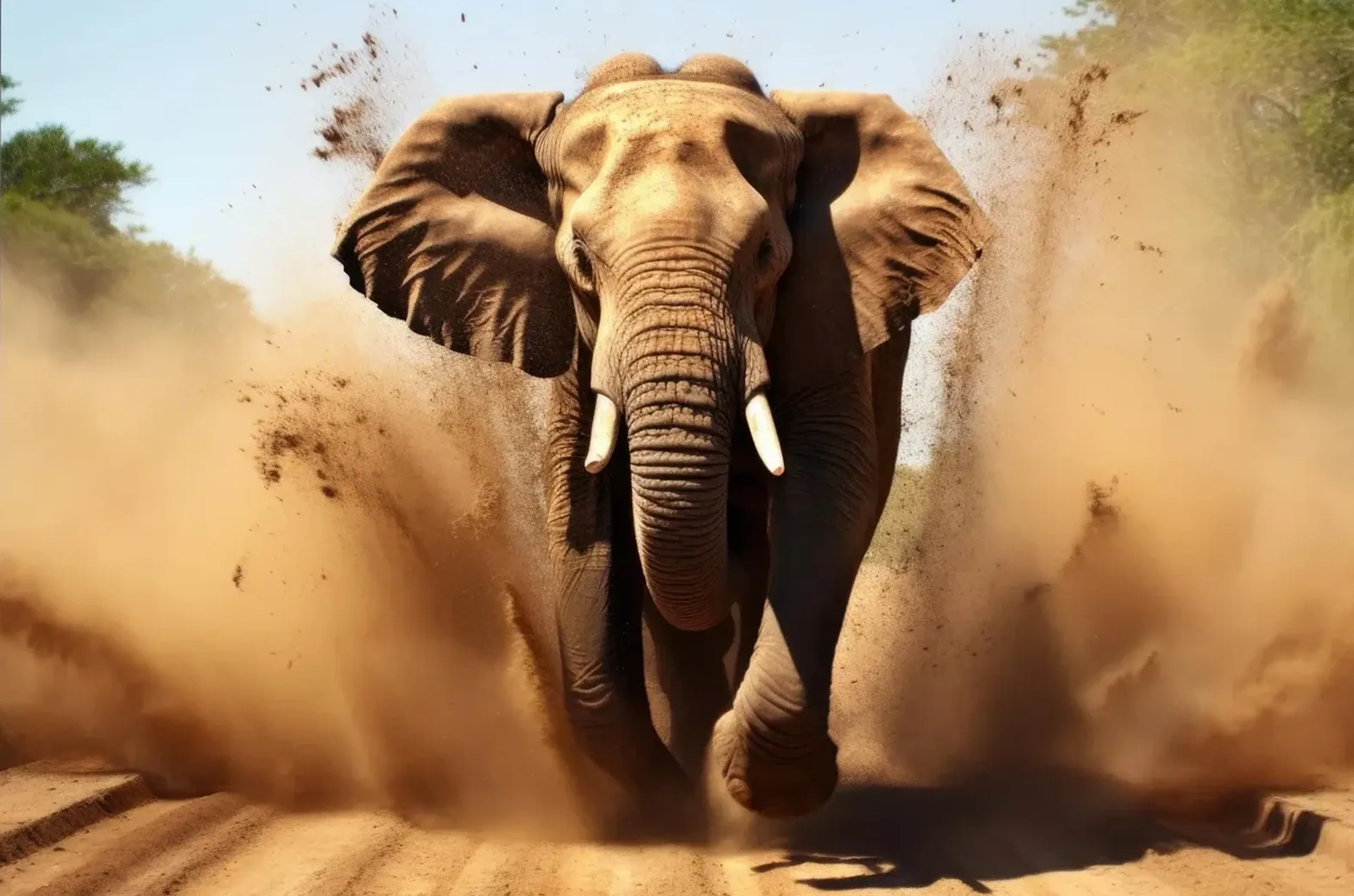 Ein Elefant läuft frontal durch aufgewirbelten Sand, flankiert von großen Staubwolken.