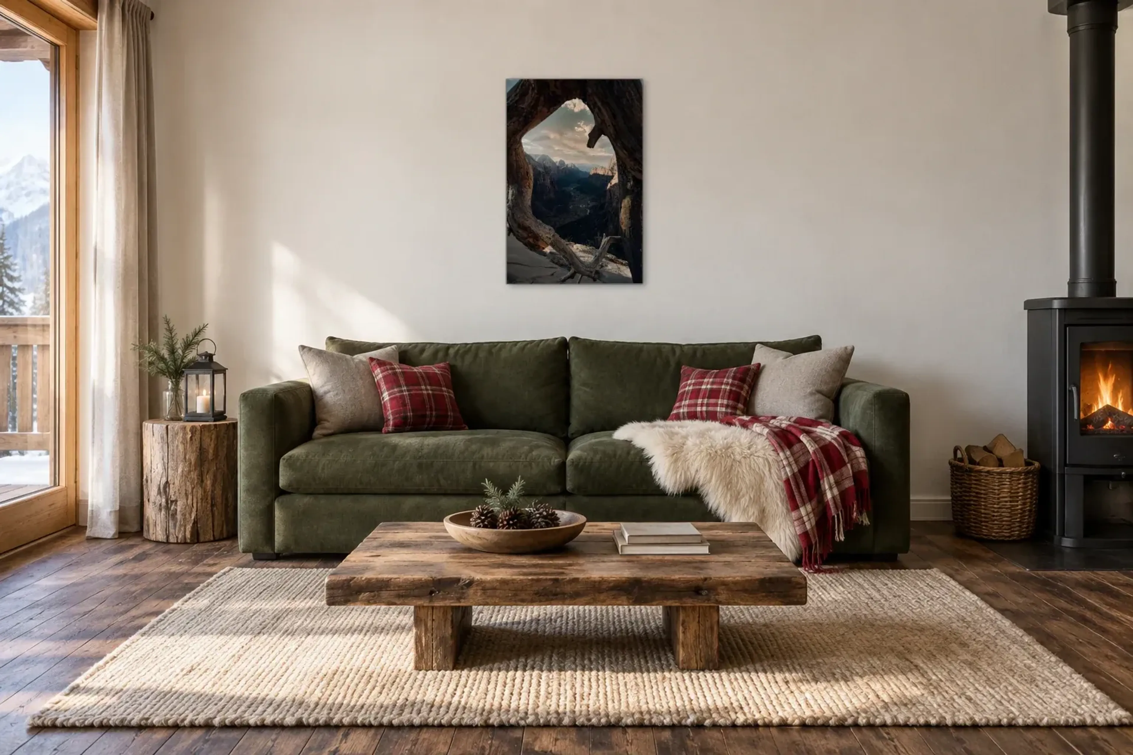 Baum-Blick ins Tal als Wandbild über einem 220-cm-Sofa