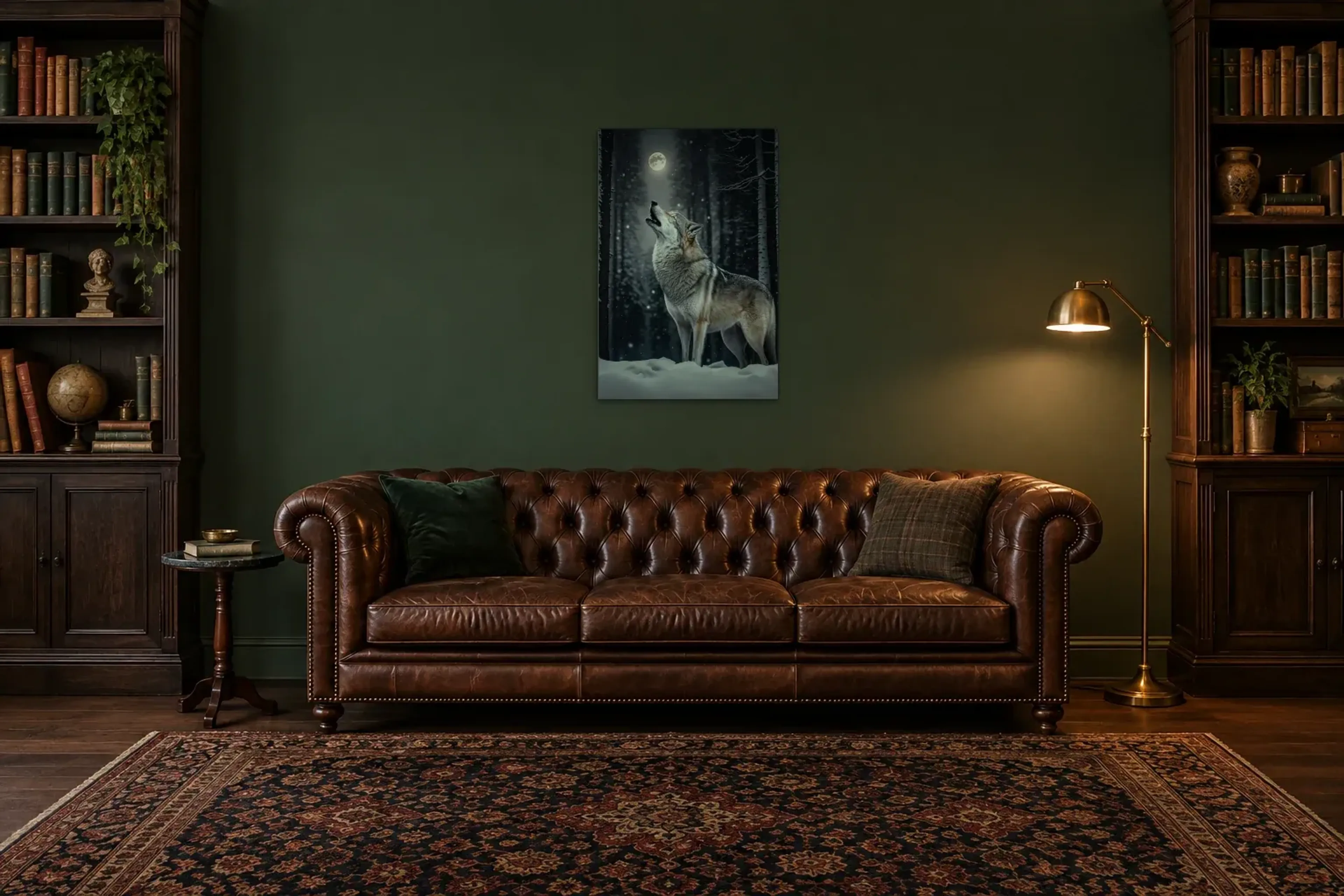 Wolfsruf im Winterwald als Wandbild über einem 200-cm-Chesterfield-Sofa