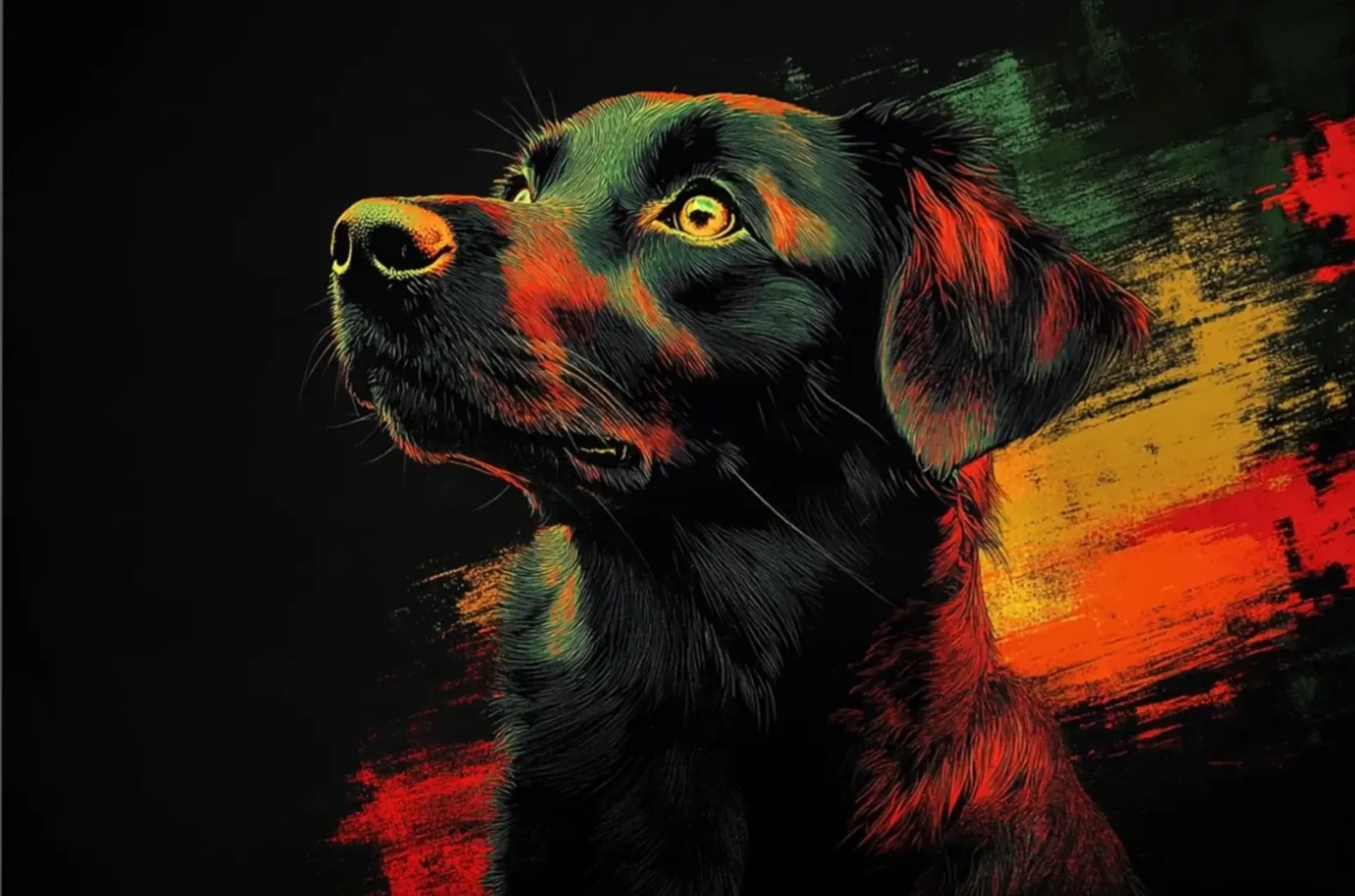 Dunkler Hund mit hängenden Ohren und goldgelbem Auge blickt nach links oben vor bunten Farbspuren.