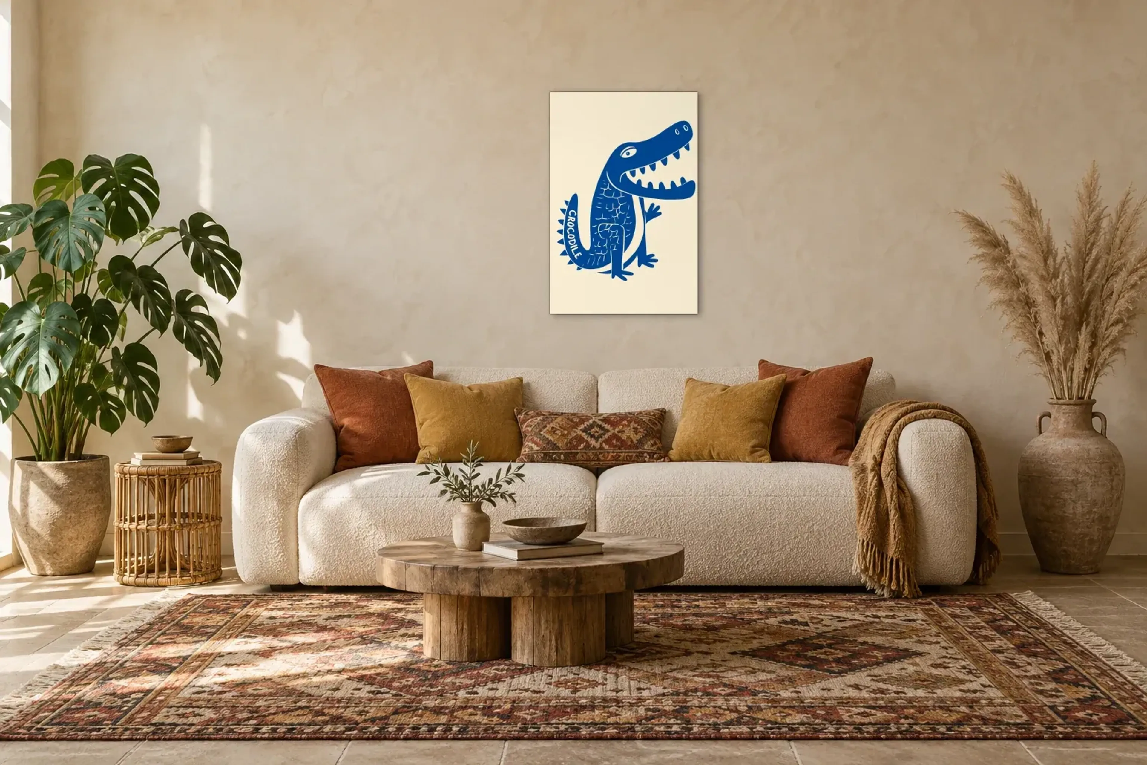 Krokodil blau als Wandbild über einem 220-cm-Sofa