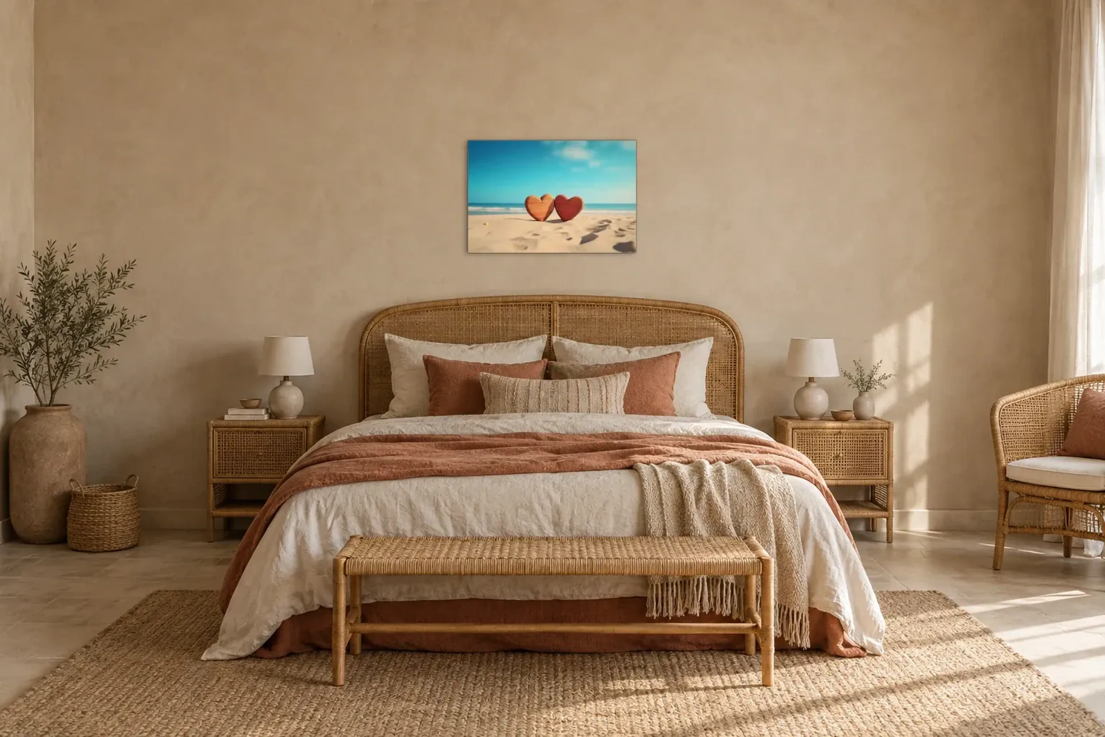 Zwei Herzen am Strand als Wandbild über einem 180-cm-Bett