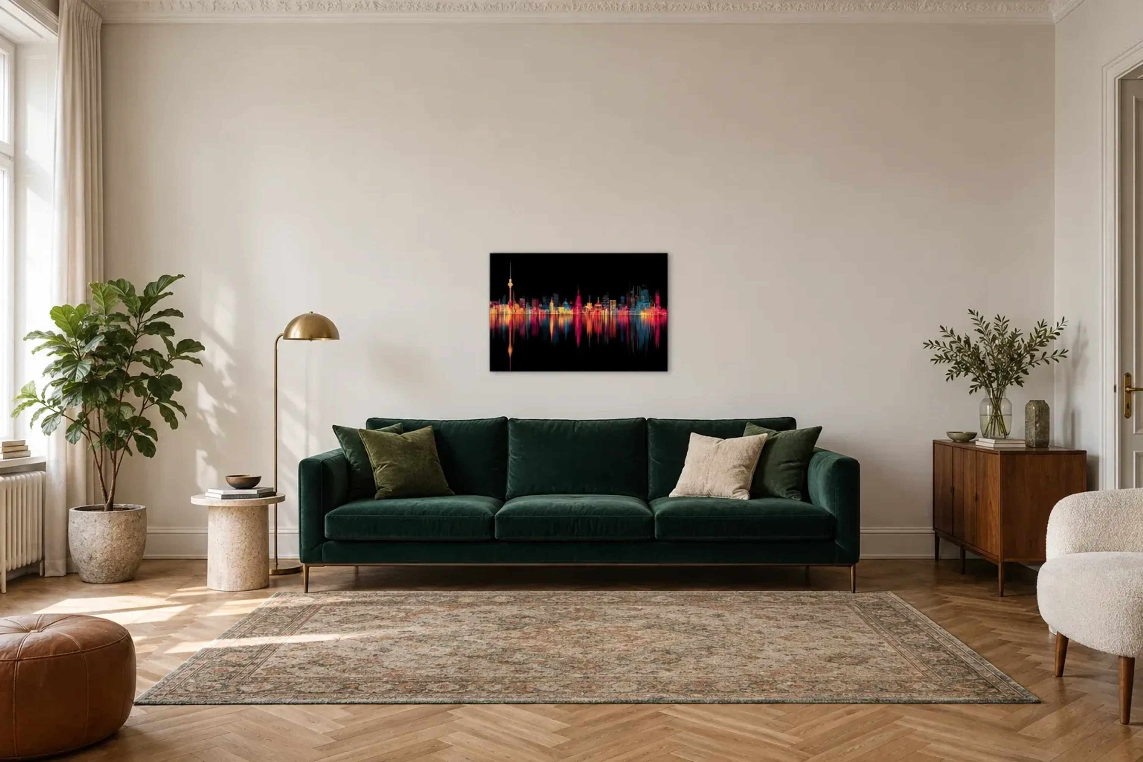 Berlin in Leuchtfarben als Wandbild über einem 220-cm-Sofa