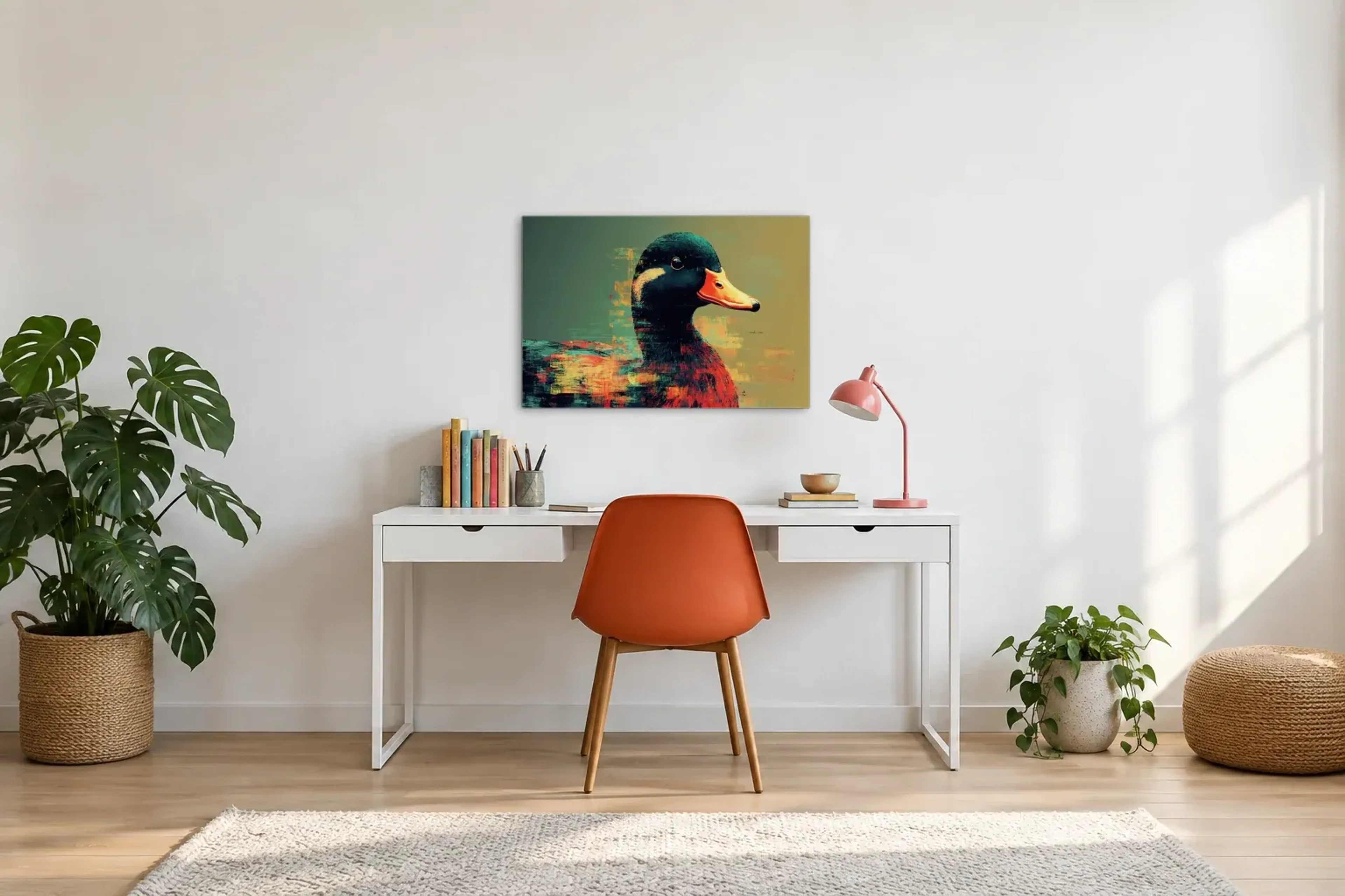 Ente im Farbporträt als Wandbild über einem 140-cm-Schreibtisch