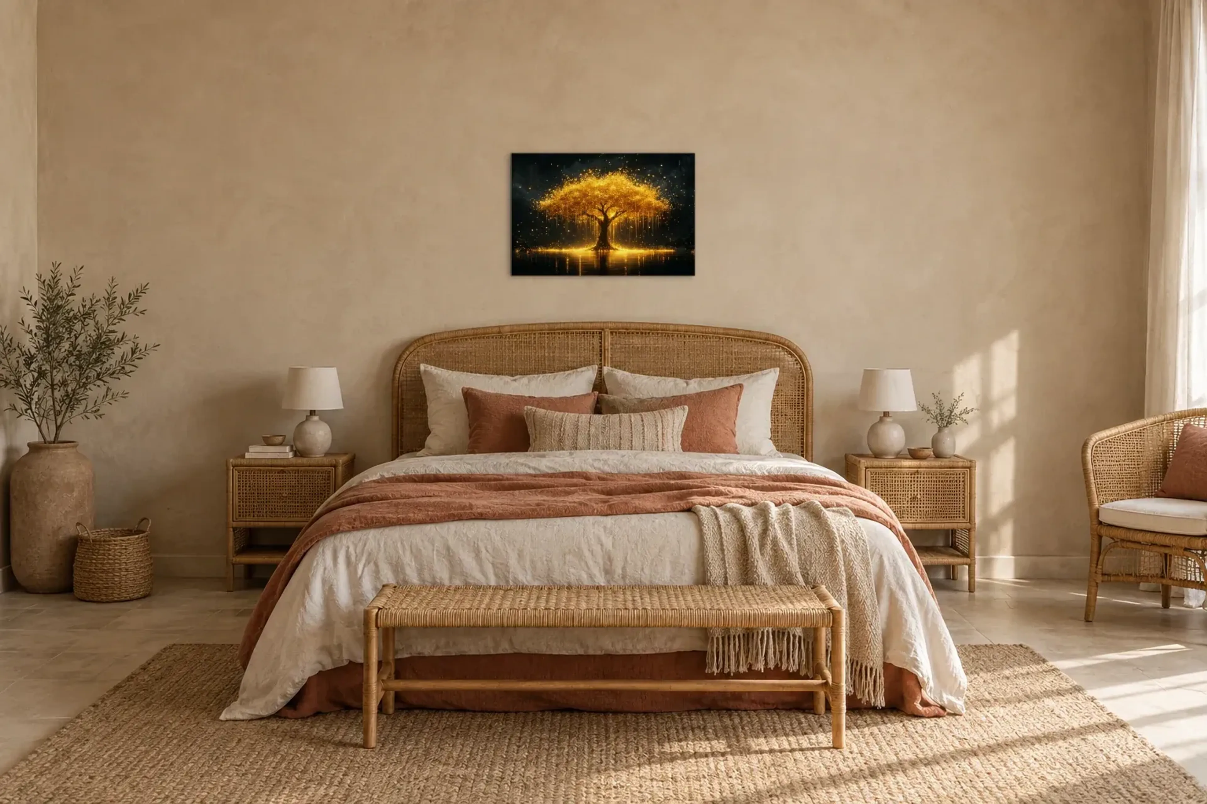 Goldener Lichtbaum als Wandbild über einem 180-cm-Bett