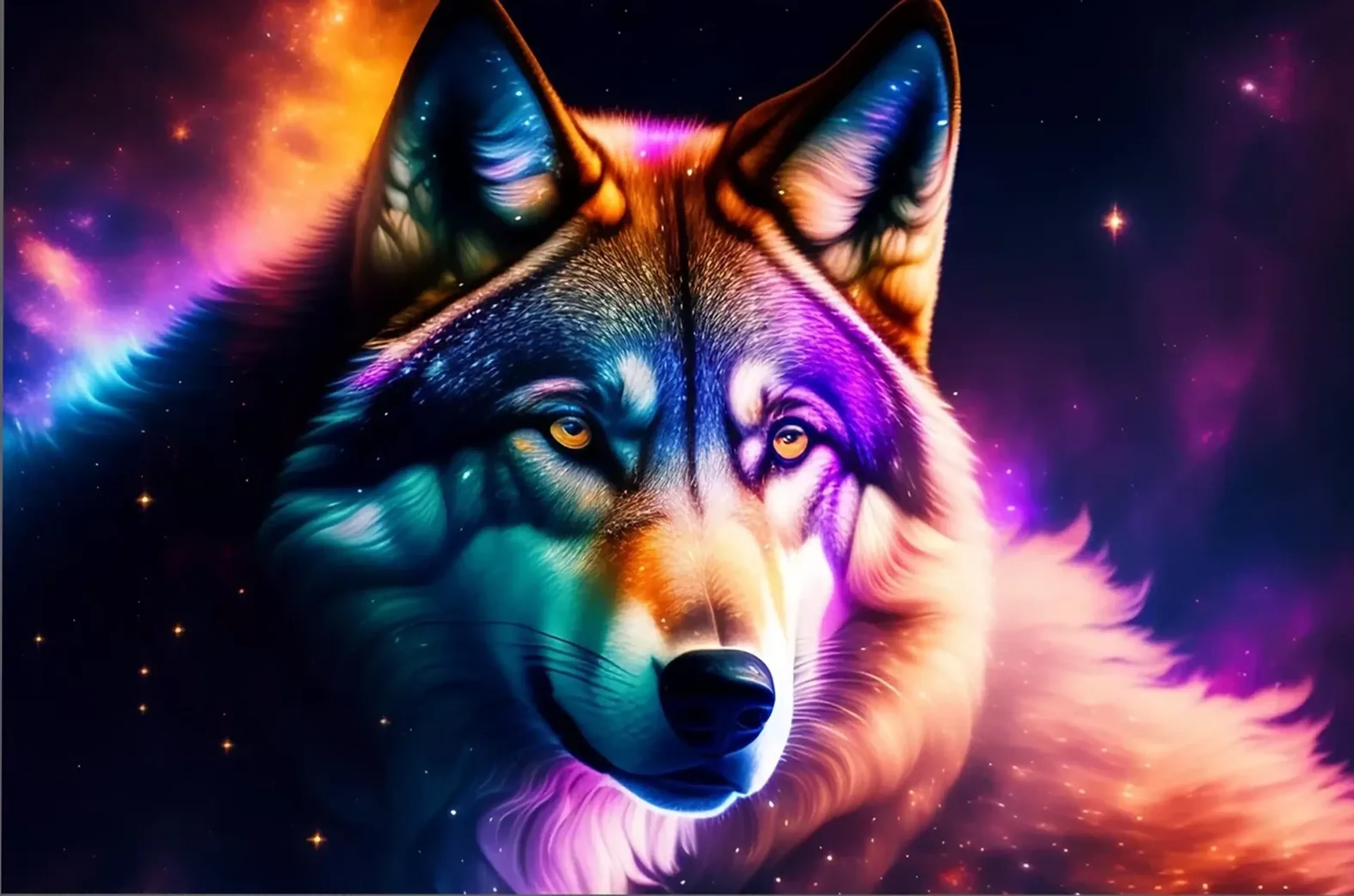 Wolfsporträt in Türkis, Violett, Pink und Orange vor einem dunklen Hintergrund mit leuchtenden Punkten.