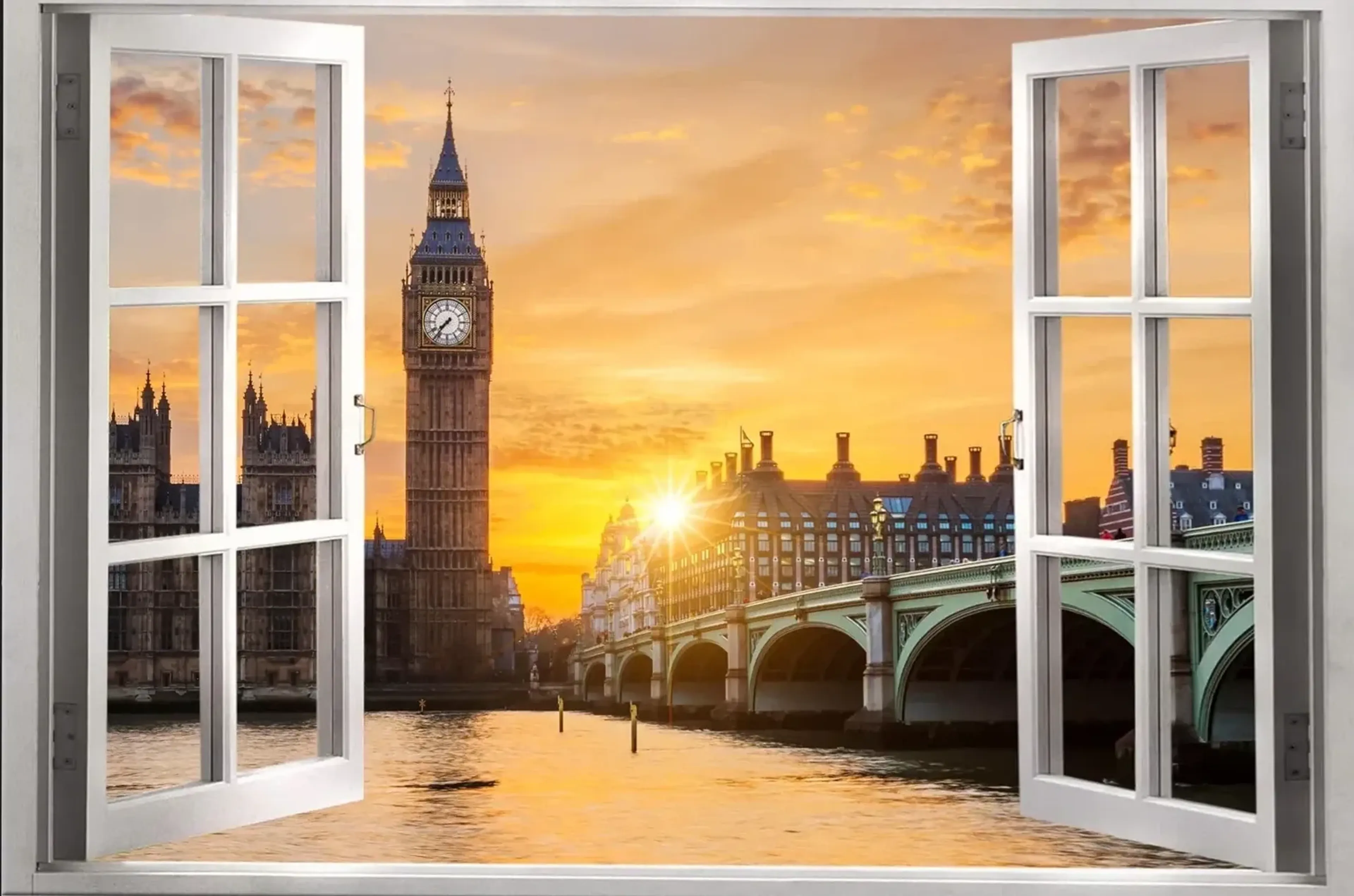 Ein offenes weißes Fenster rahmt Big Ben, die Westminster Bridge und die Themse im goldenen Sonnenlicht.