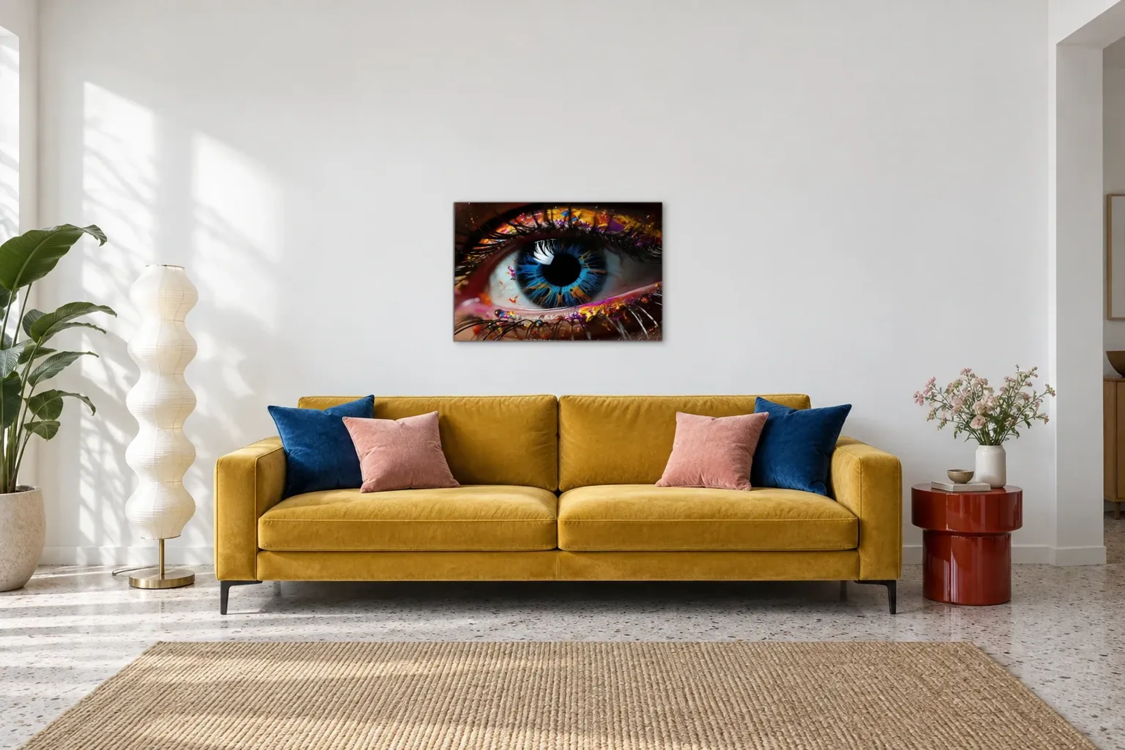 Buntes Auge als Wandbild über einem 220-cm-Sofa