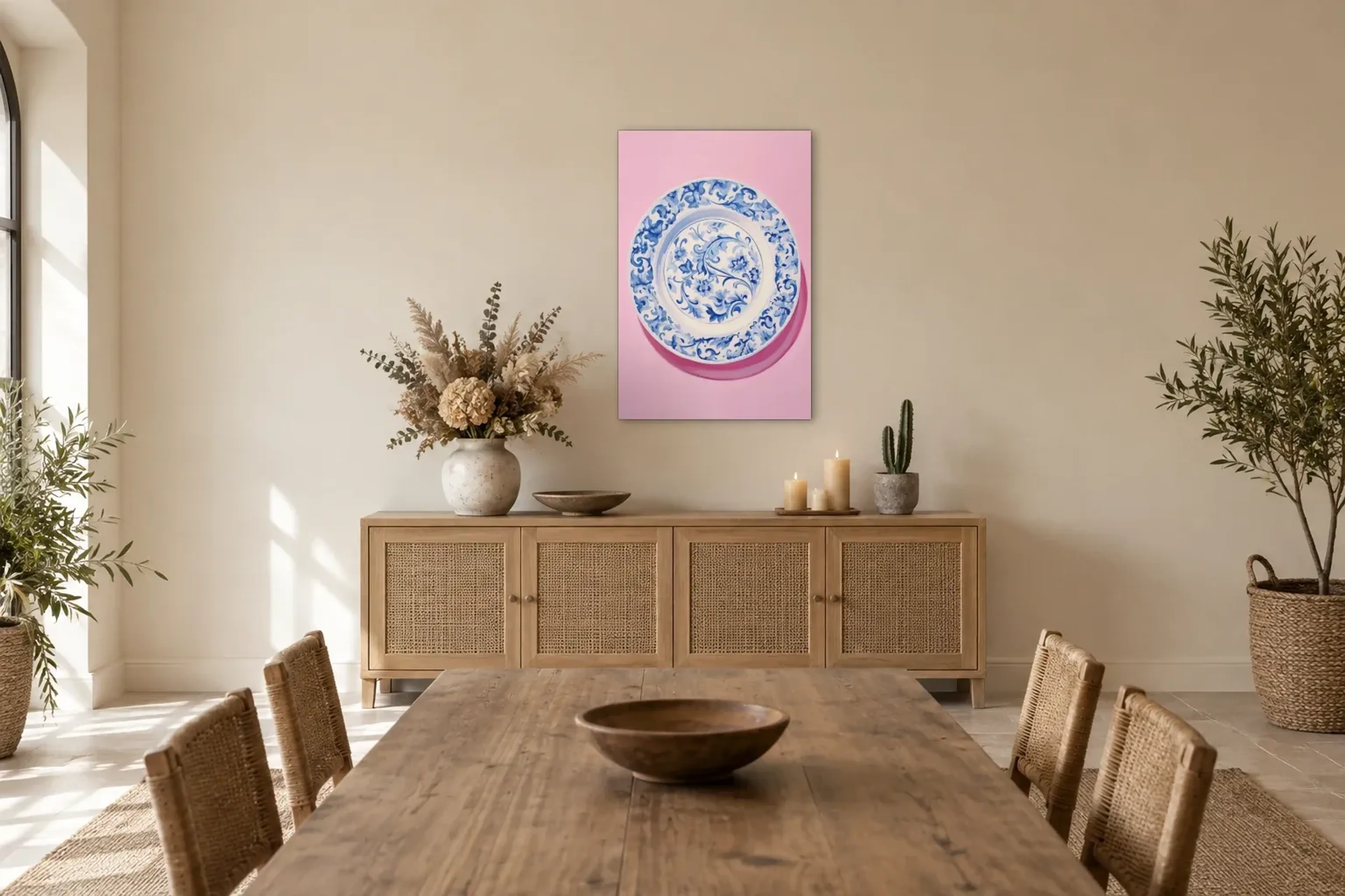 Blütenteller auf Rosa als Wandbild über einem 160-cm-Sideboard