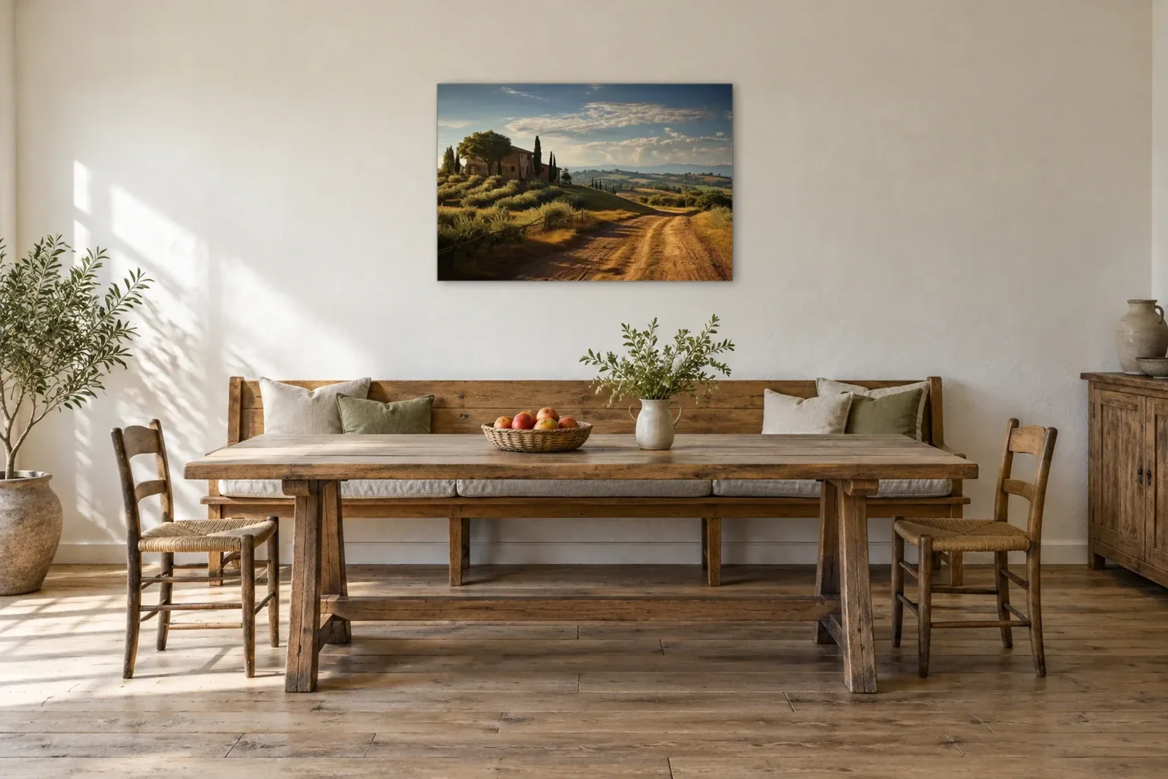 Toskana mit Haus als Wandbild über einer 200-cm-Sitzbank