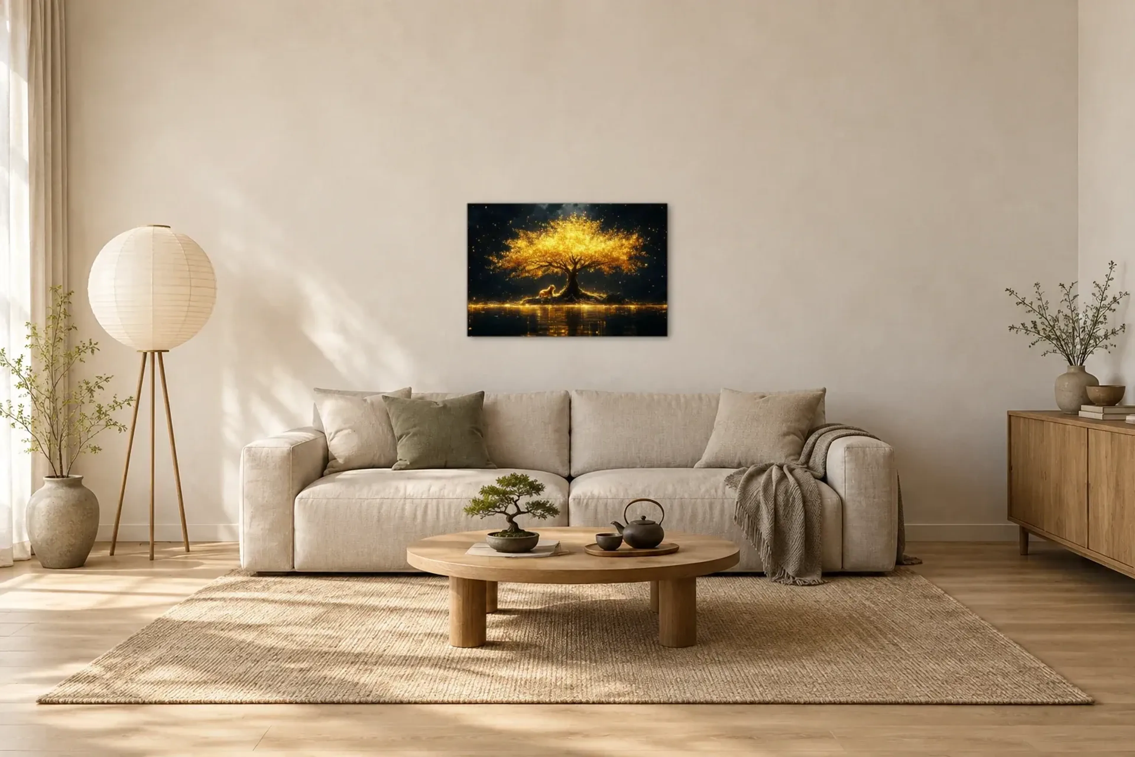 Löwenbaum als Wandbild über einem 220-cm-Sofa
