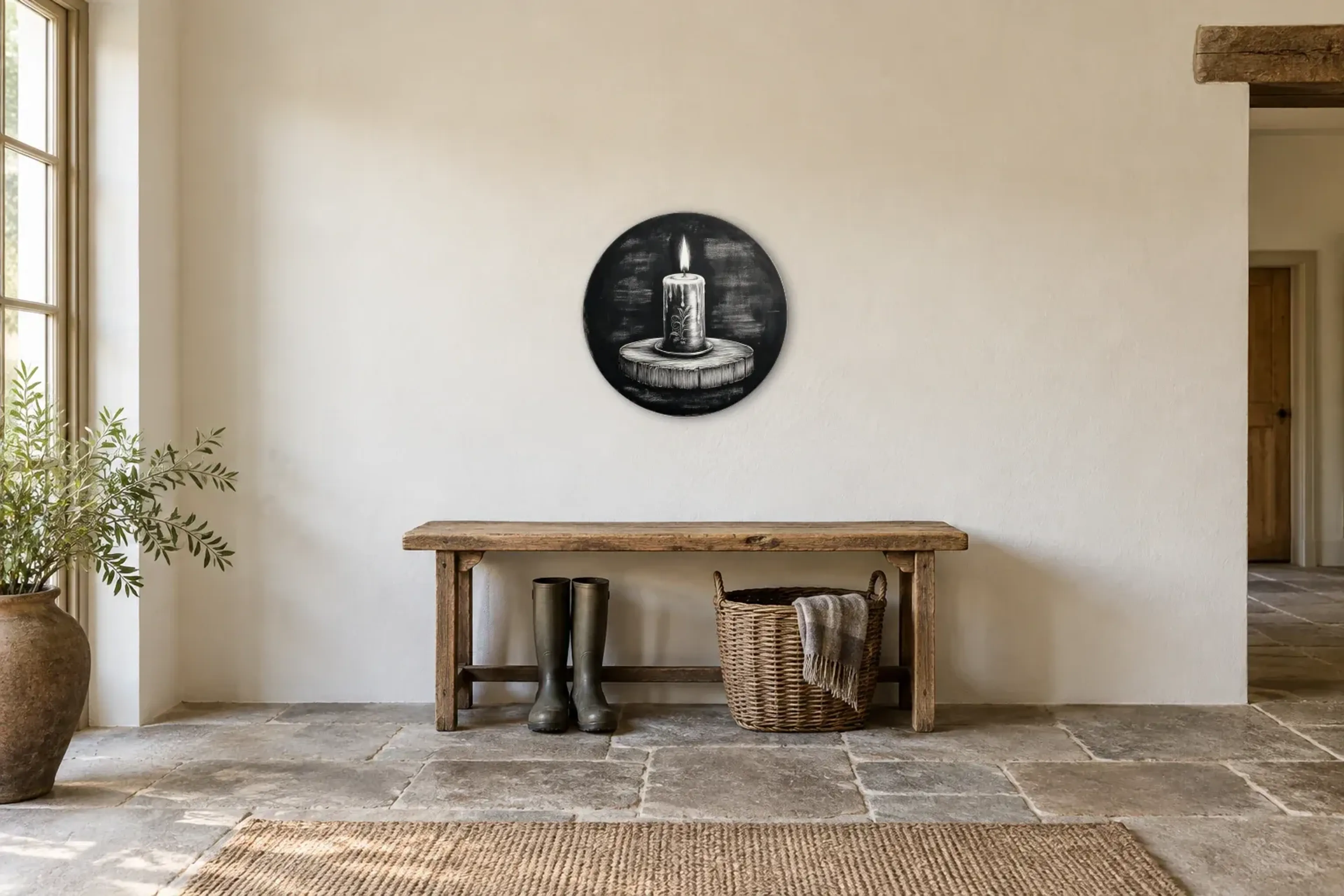 Kerze als Wandbild über einer 120-cm-Bank