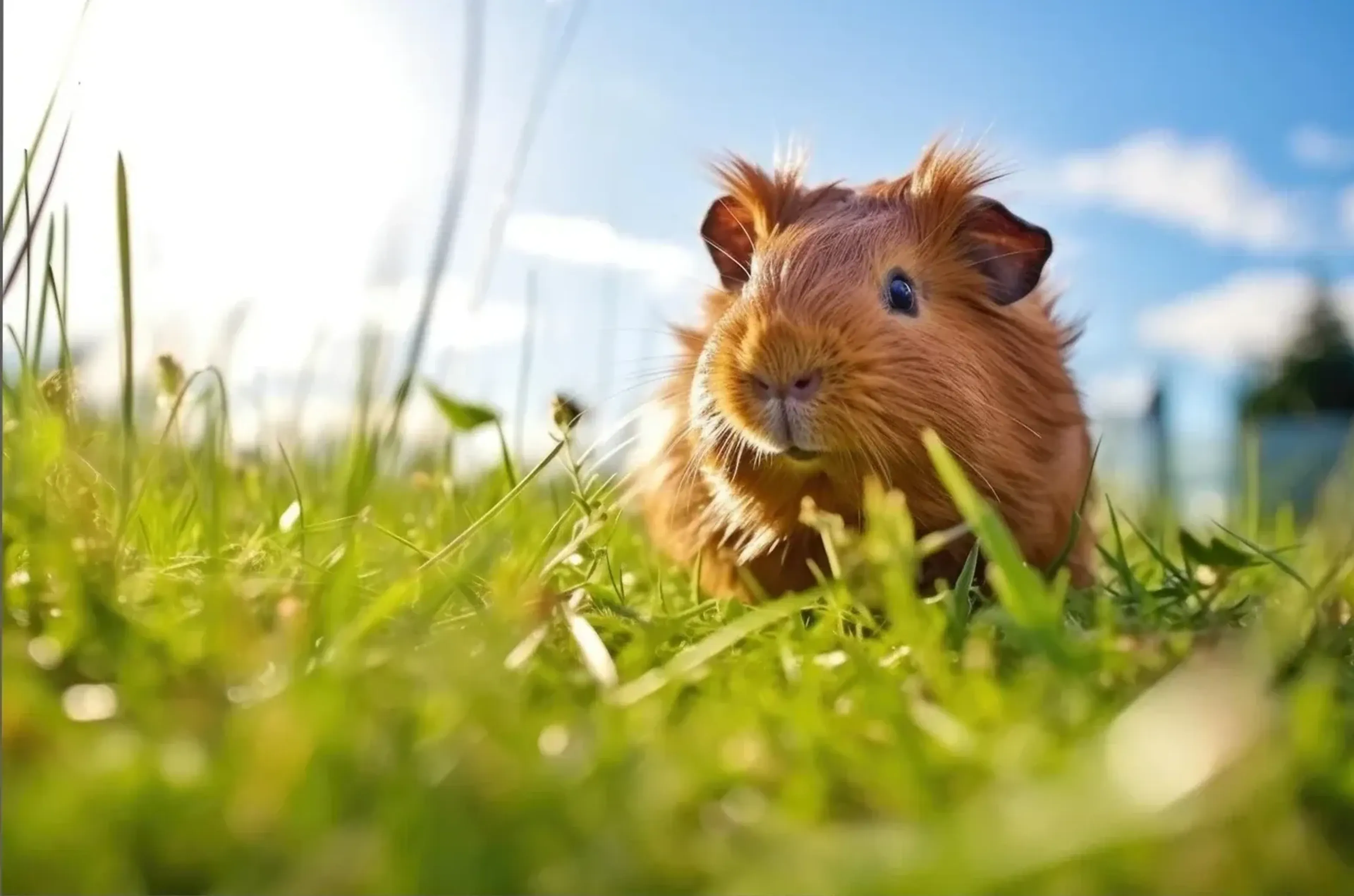 Braunes Meerschweinchen zwischen grünen Grashalmen im Sonnenlicht, dahinter blauer Himmel mit hellen Wolken.
