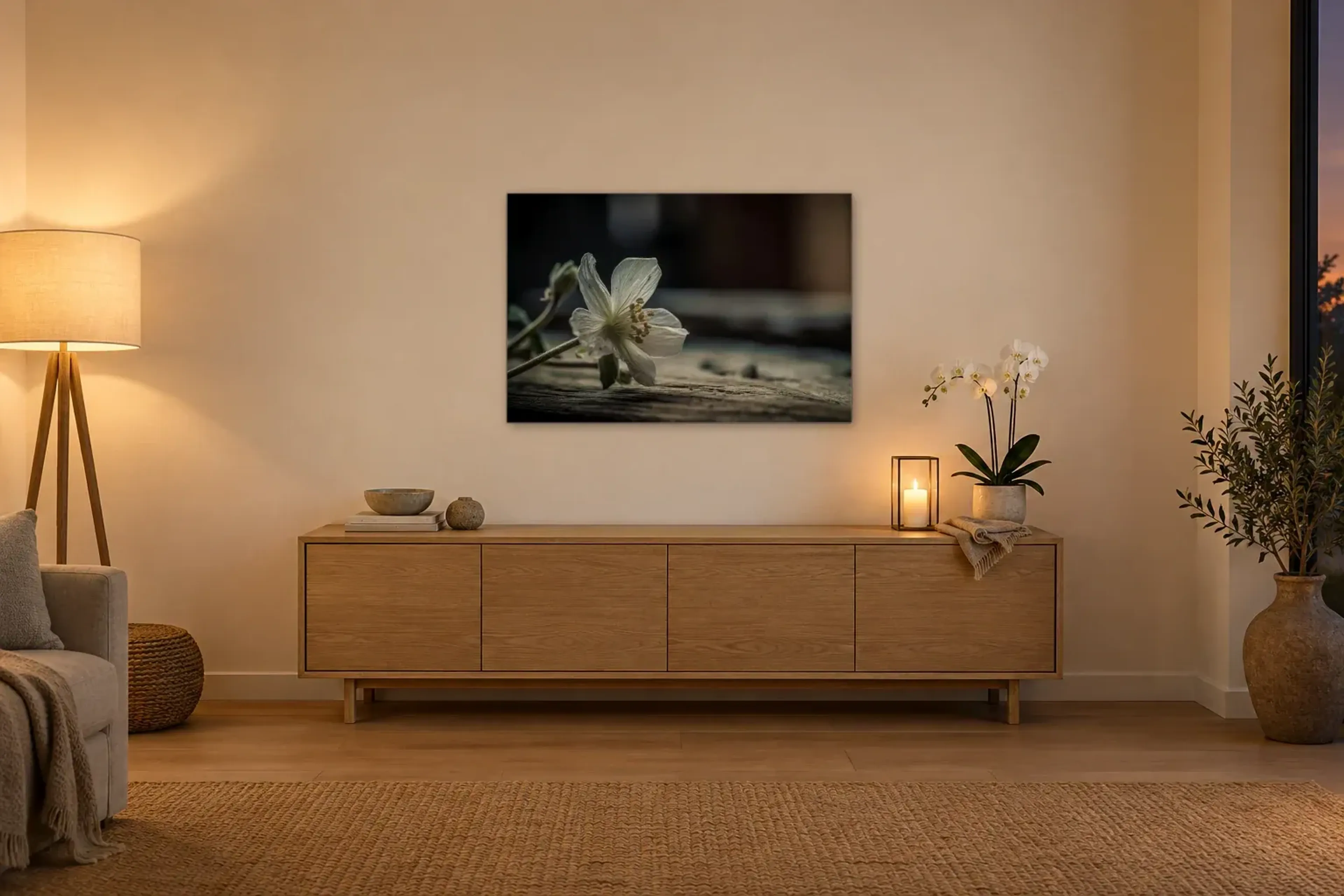 Weiße Blüte auf Holz als Wandbild über einem 160-cm-Sideboard