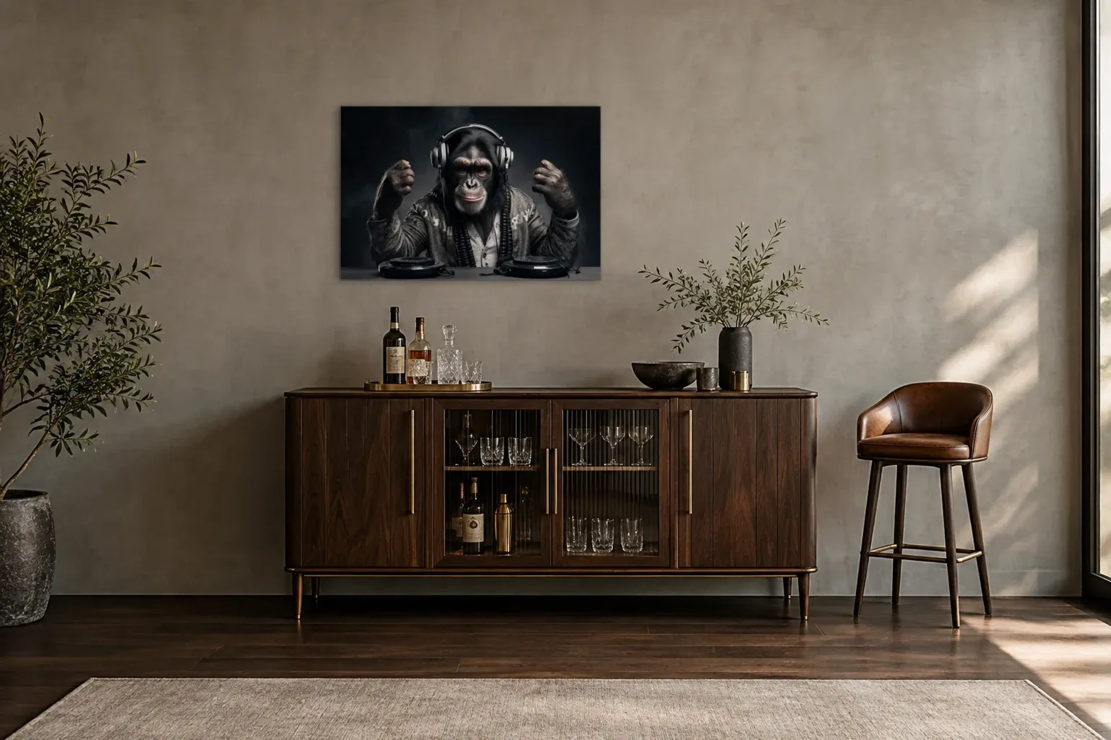 Affe am DJ-Pult als Wandbild über einem 150-cm-Barschrank
