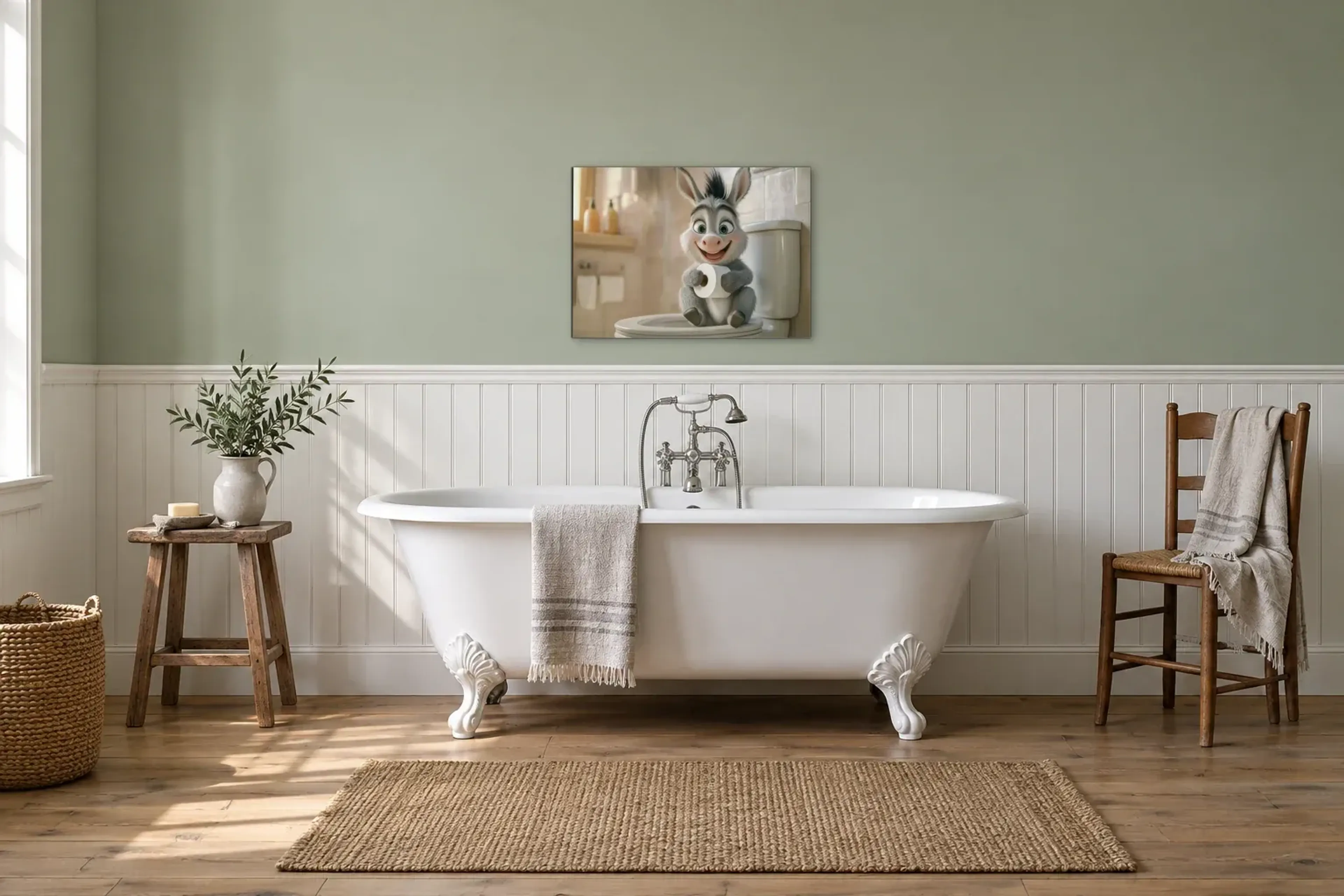 Esel im Sonnenbad als Wandbild über einer 170-cm-Badewanne