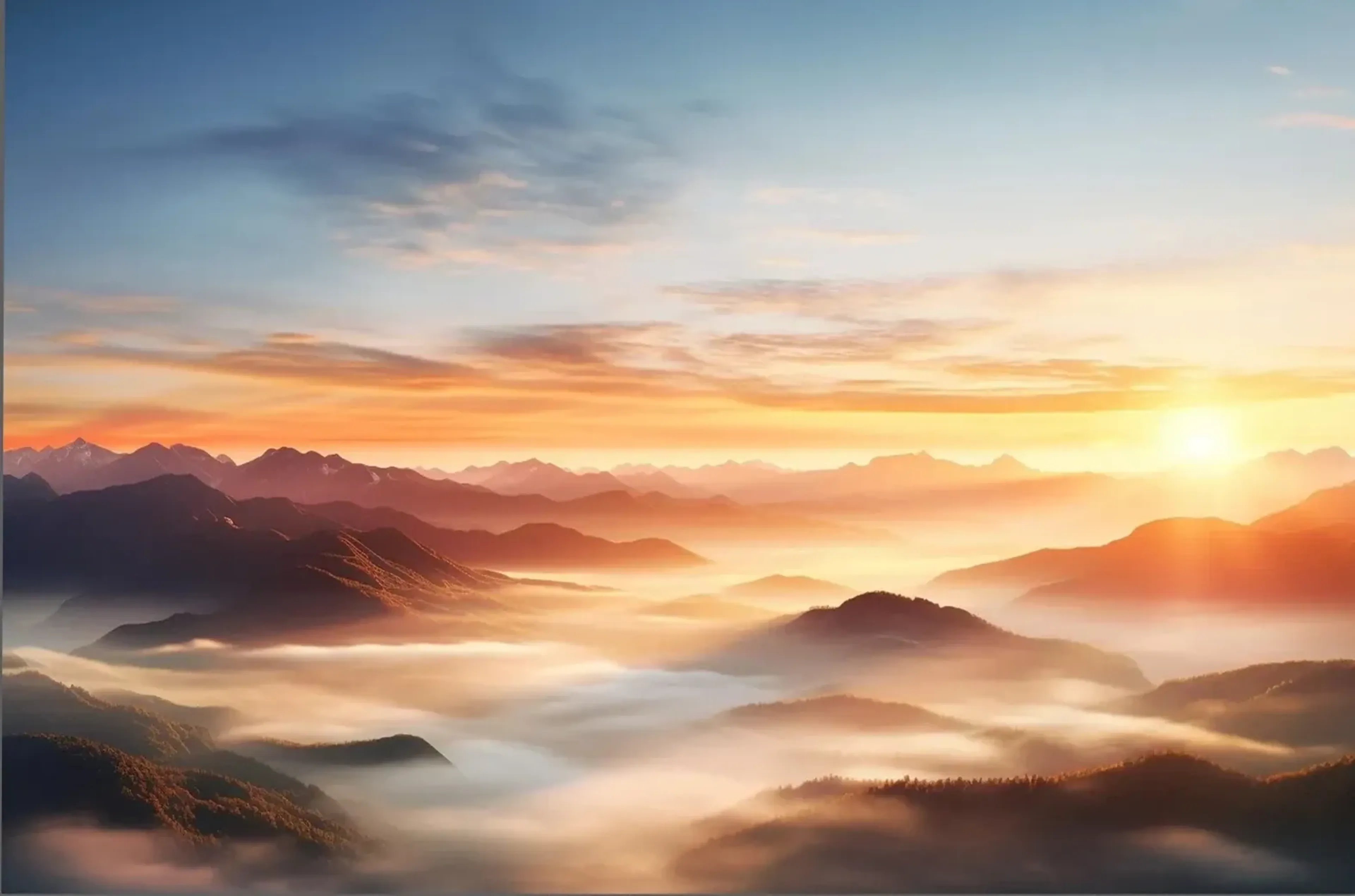 Goldener Sonnenaufgang über mehreren Bergzügen mit dichten, hellen Nebelbändern in den Tälern.