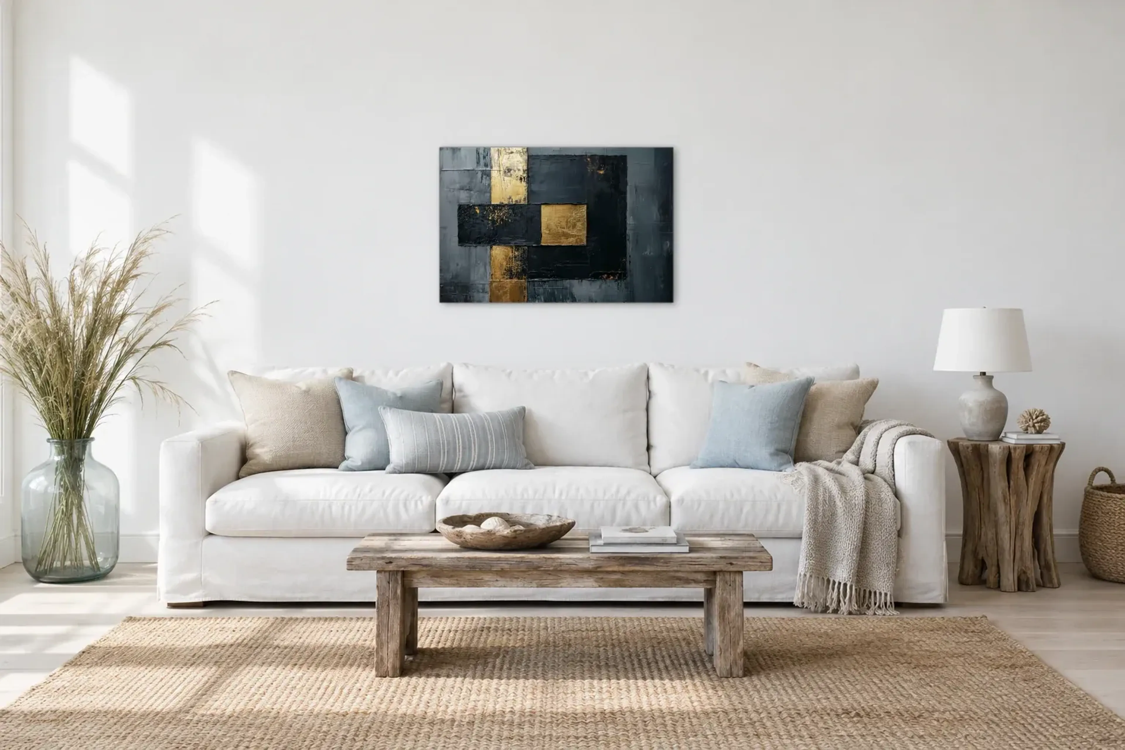 Rechtecke in Anthrazitgold als Wandbild über einem 220-cm-Sofa
