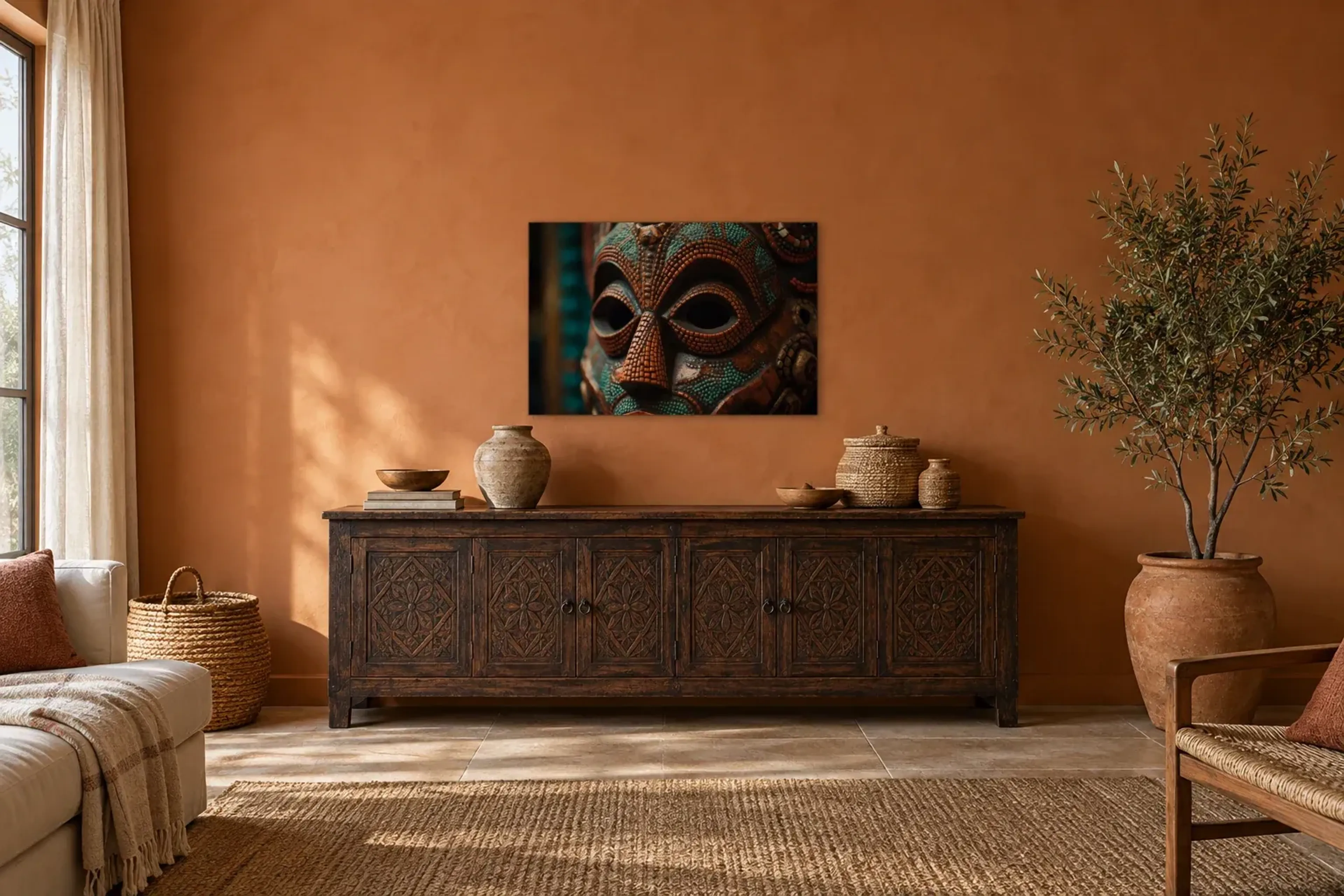 Maske in Türkis und Kupfer als Wandbild über einem 180-cm-Sideboard
