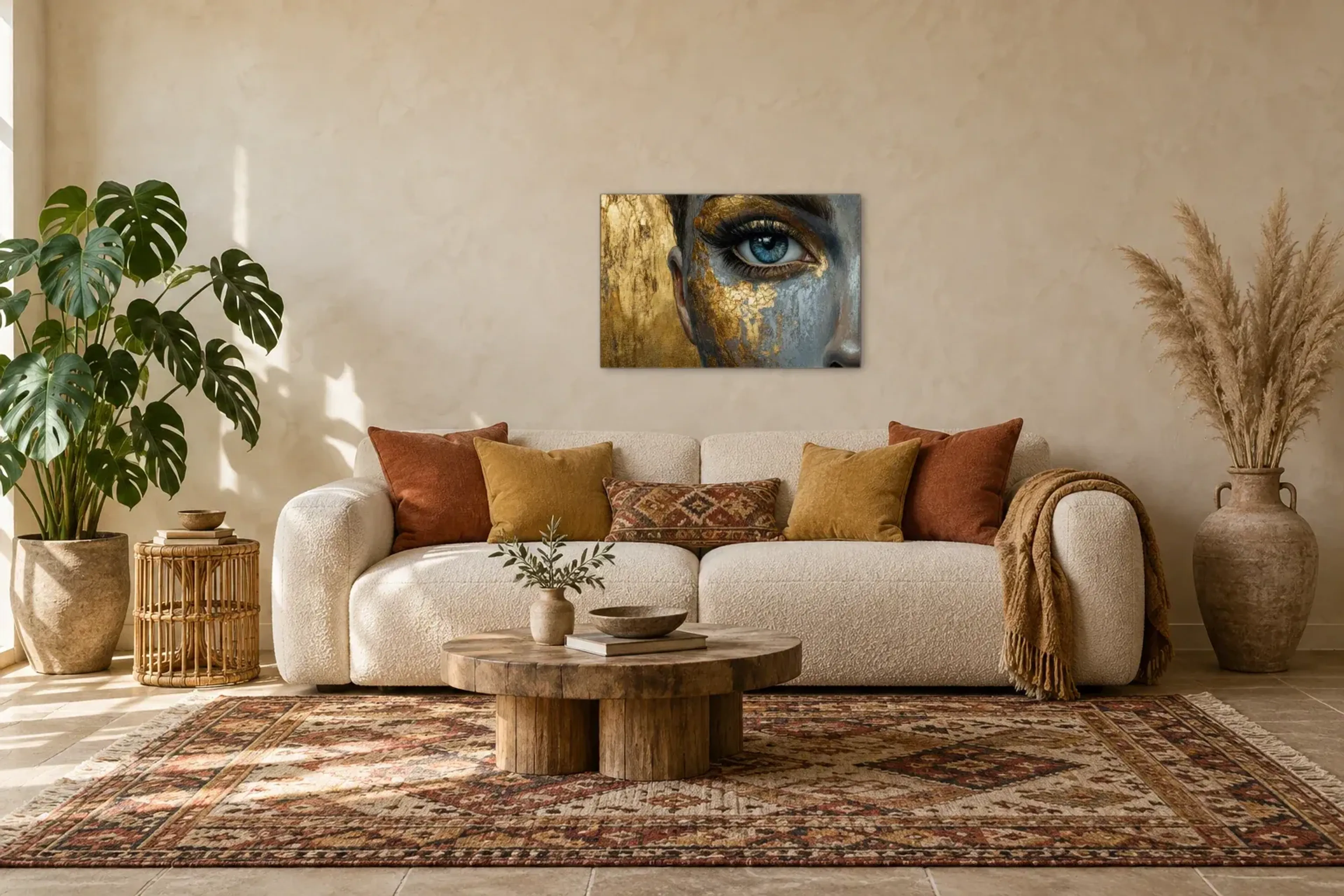 Blaues Auge in Gold als Wandbild über einem 220-cm-Sofa