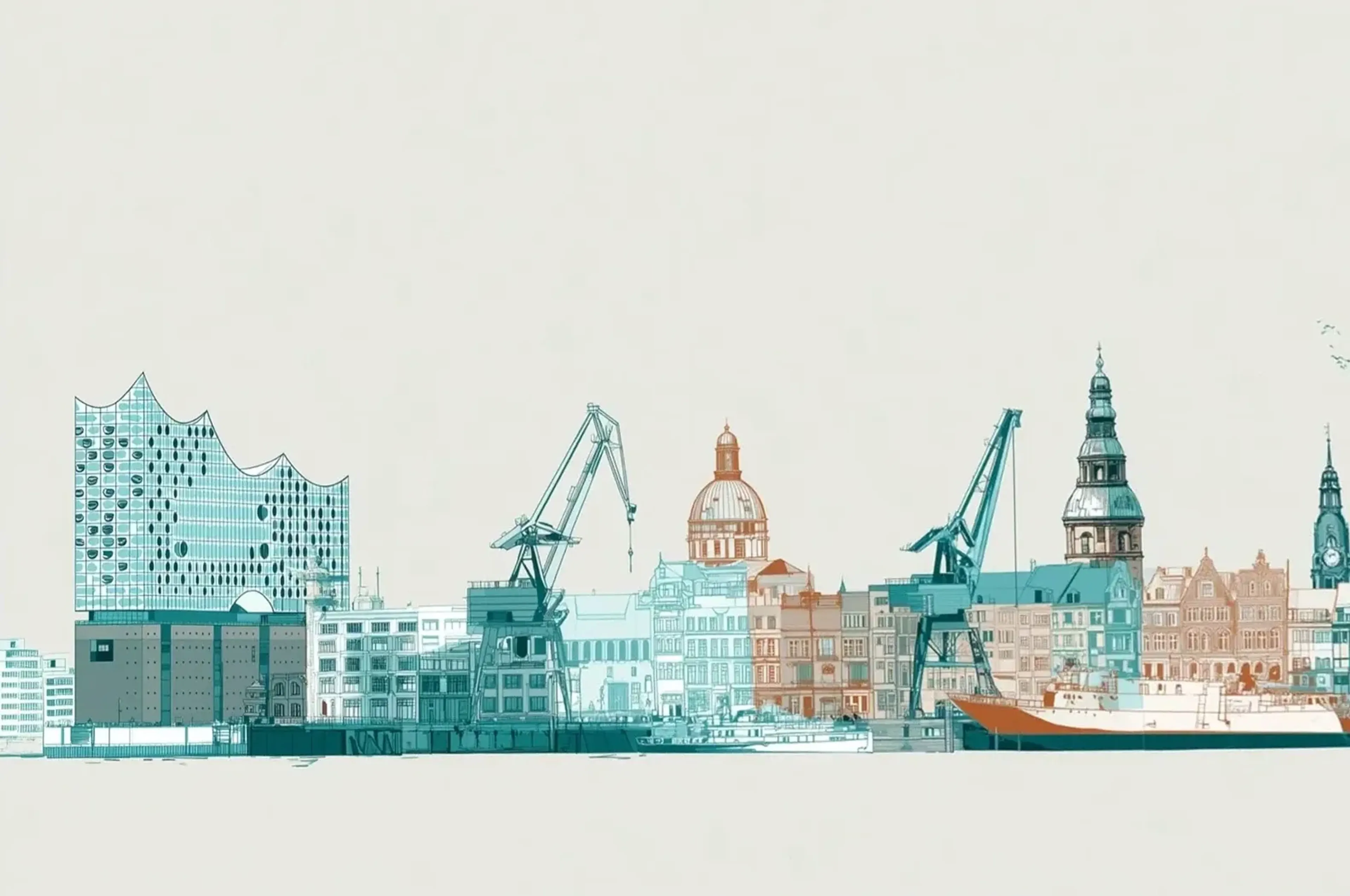 Eine Hamburger Stadtsilhouette mit Elbphilharmonie, Kränen, Türmen und Schiffen in Türkis und Rostorange auf Hell.