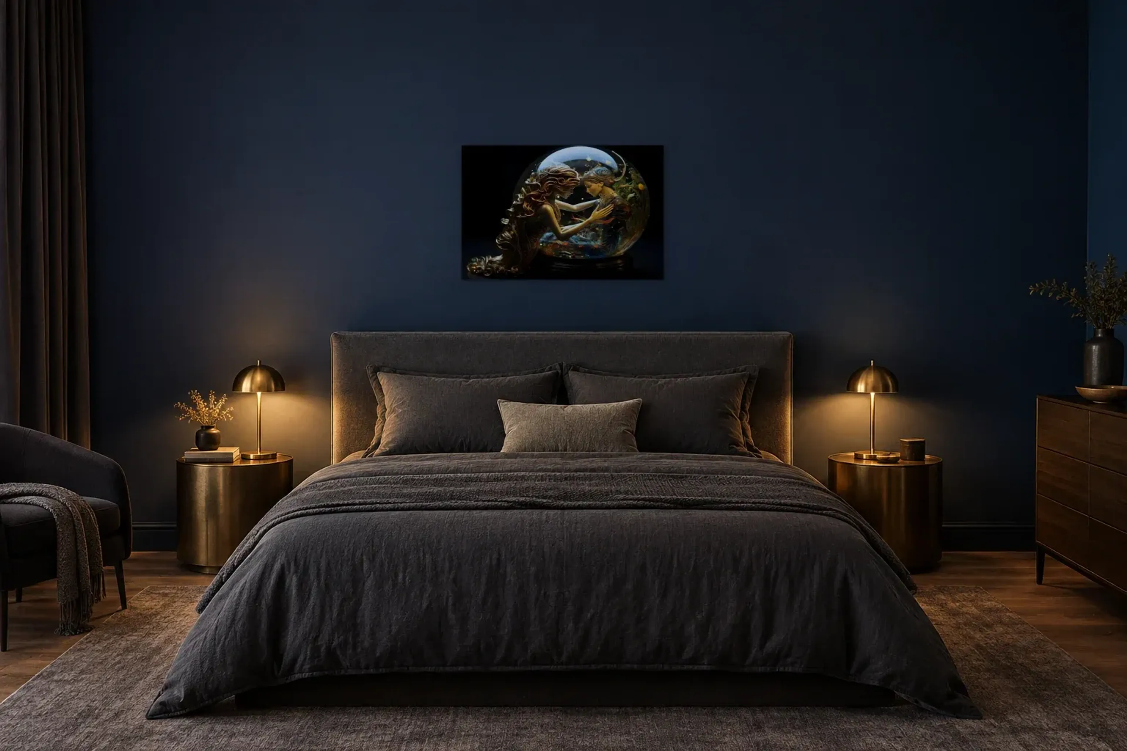 Begegnung an der Glaskugel als Wandbild über einem 180-cm-Bett
