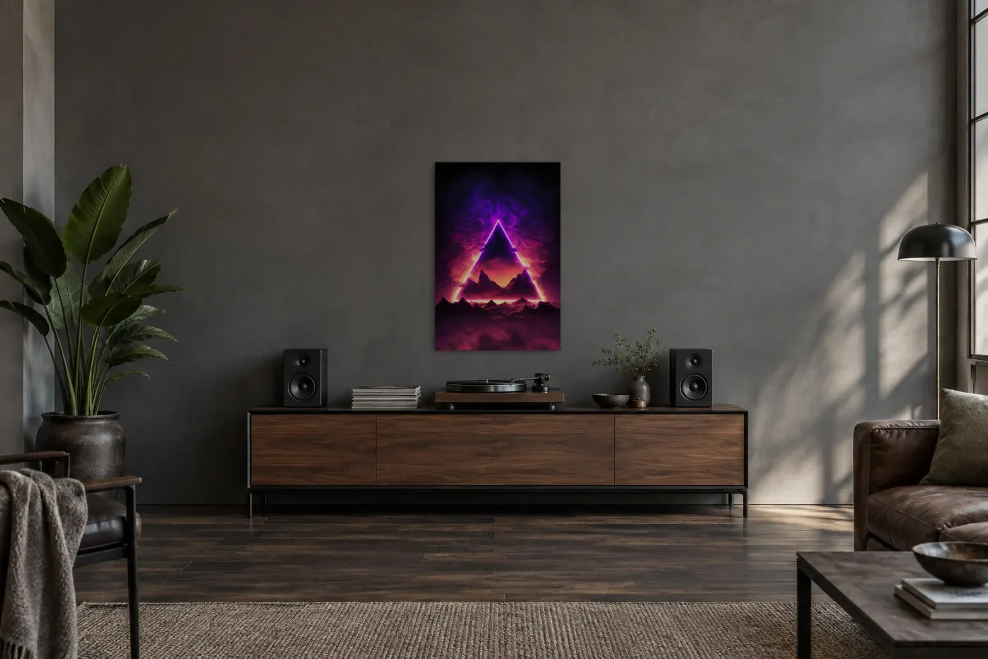 Leuchtendes Dreieck als Wandbild über einem 200-cm-Sideboard