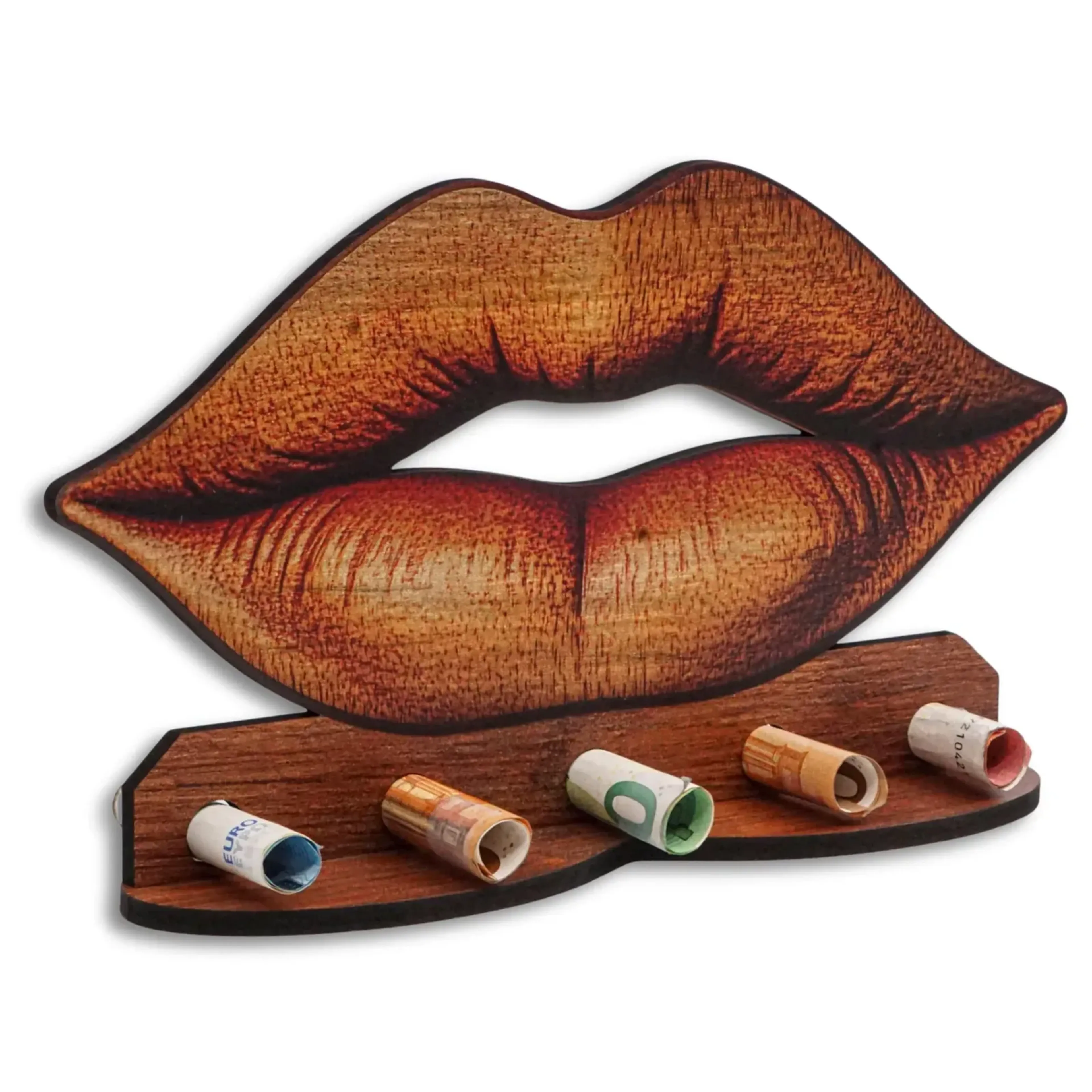 Geldgeschenk „Goldbraune Lippen“ in Holzoptik