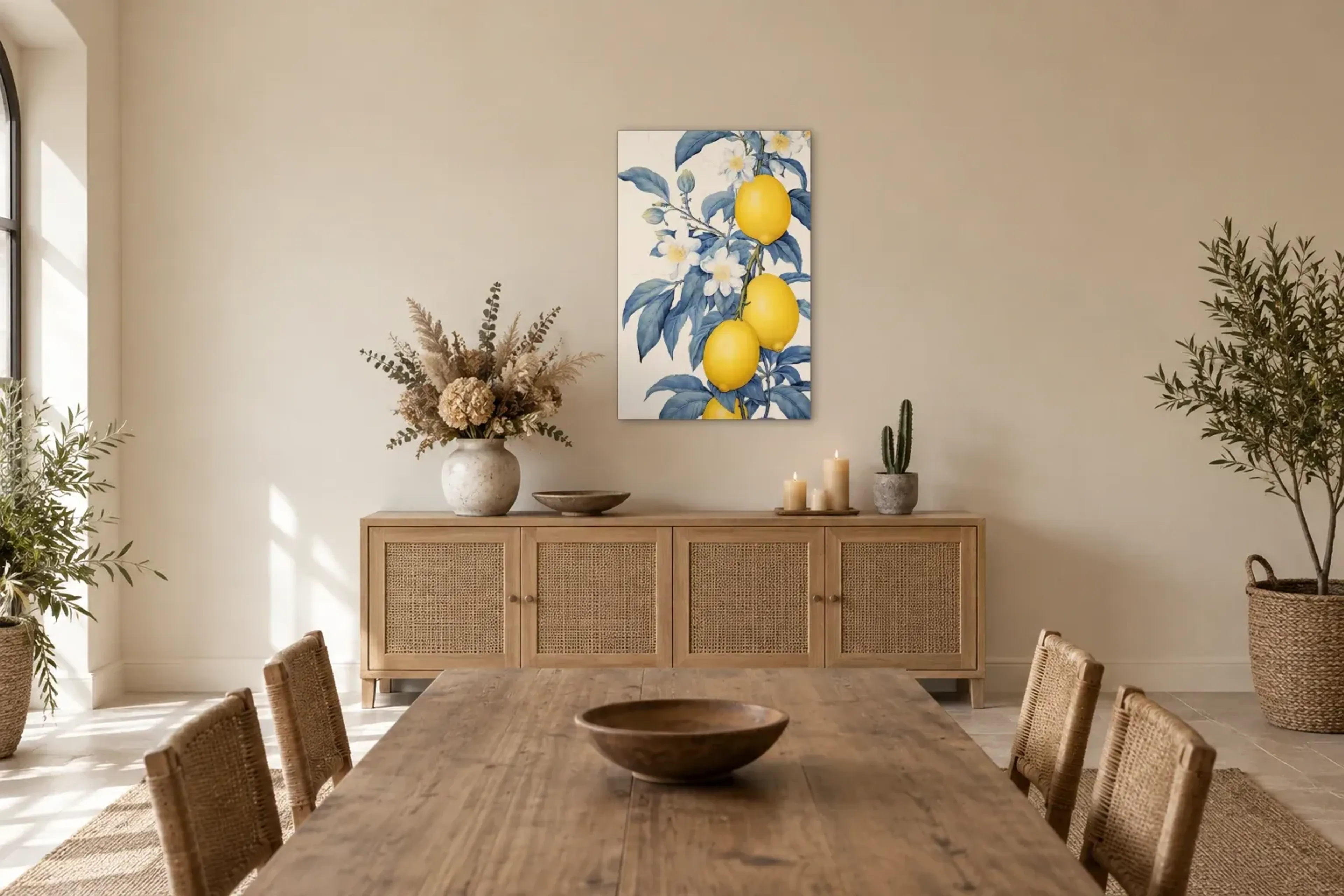 Zitronen hängend als Wandbild über einem 160-cm-Sideboard