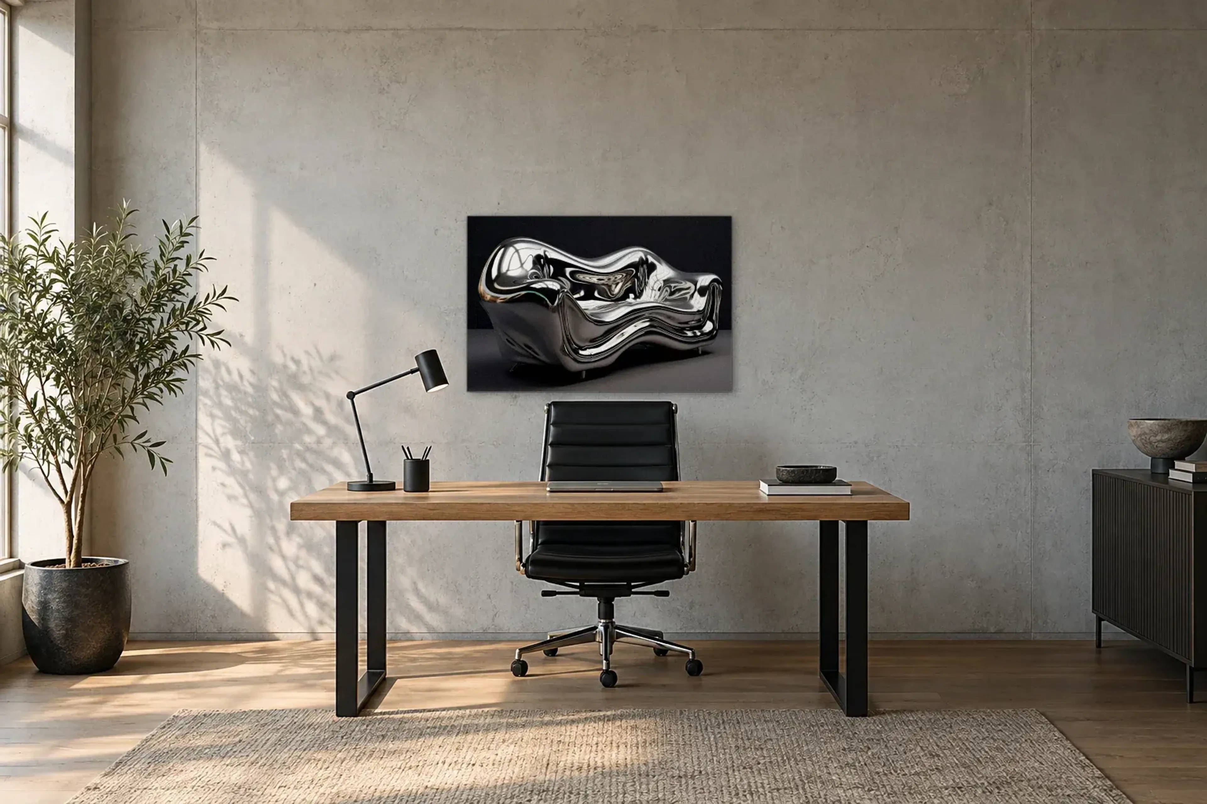 Sofa im Chromglanz als Wandbild über einem 160-cm-Schreibtisch