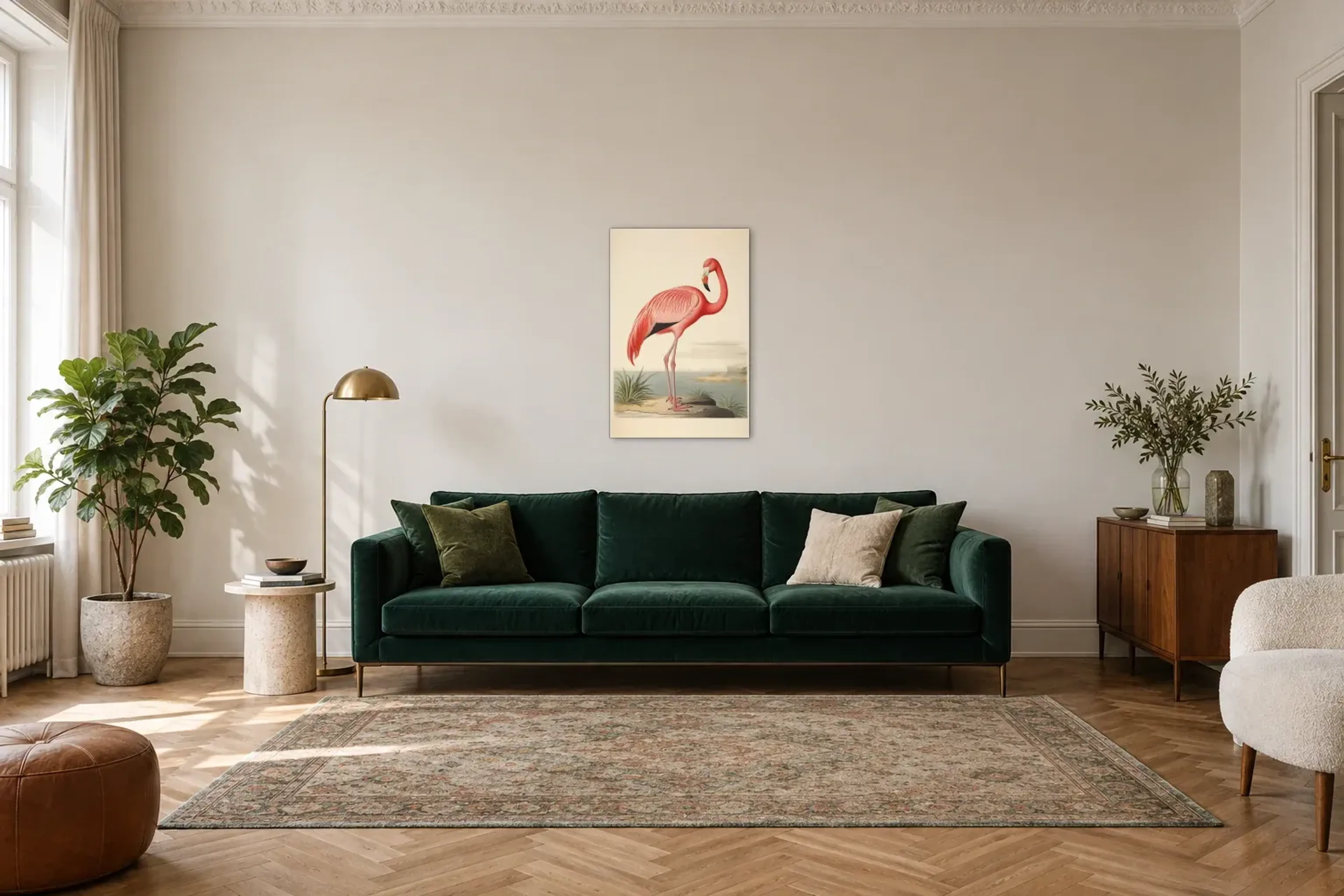 Flamingo am Ufer als Wandbild über einem 220-cm-Sofa
