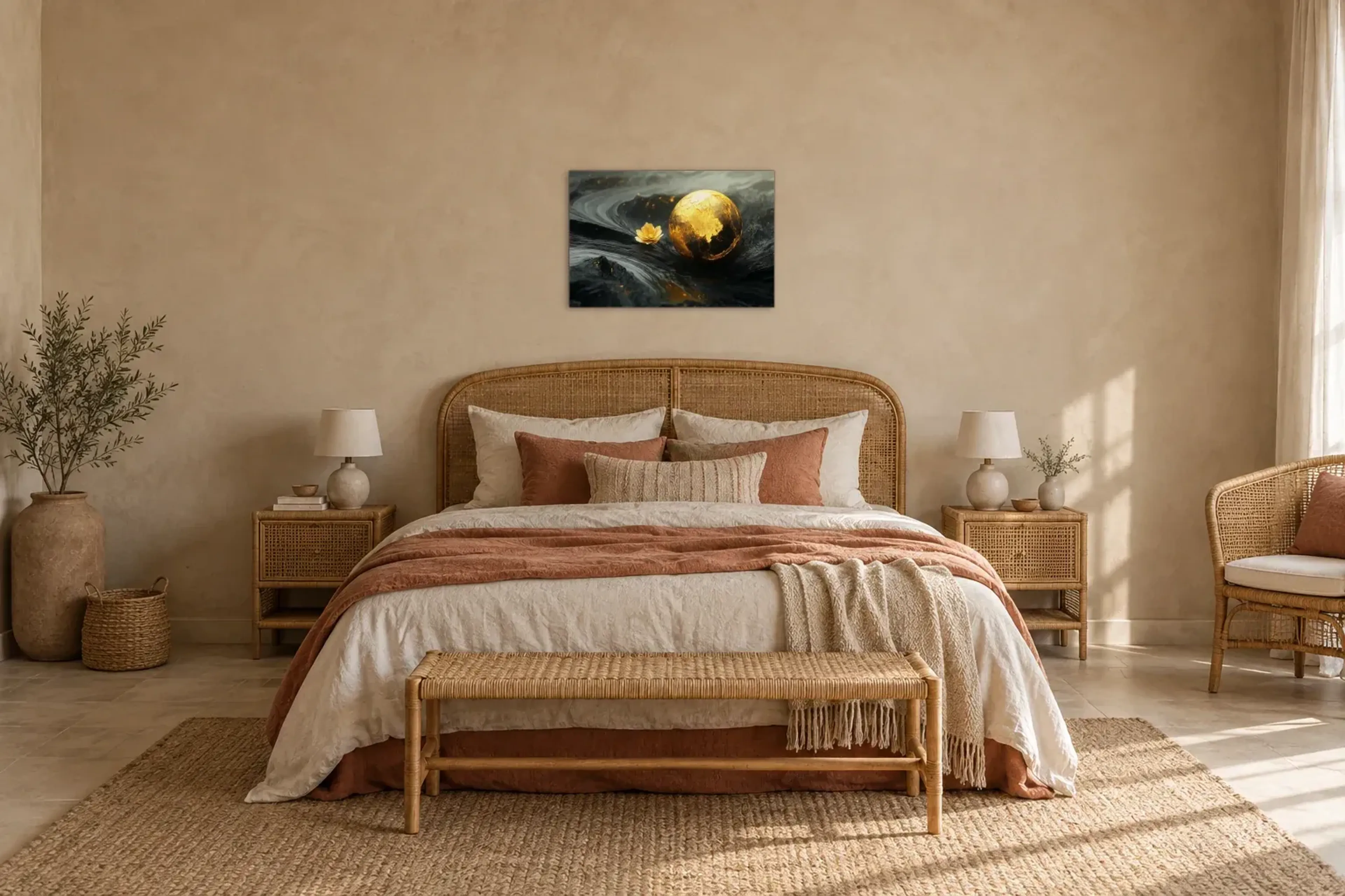Kugel und Blüte als Wandbild über einem 180-cm-Bett