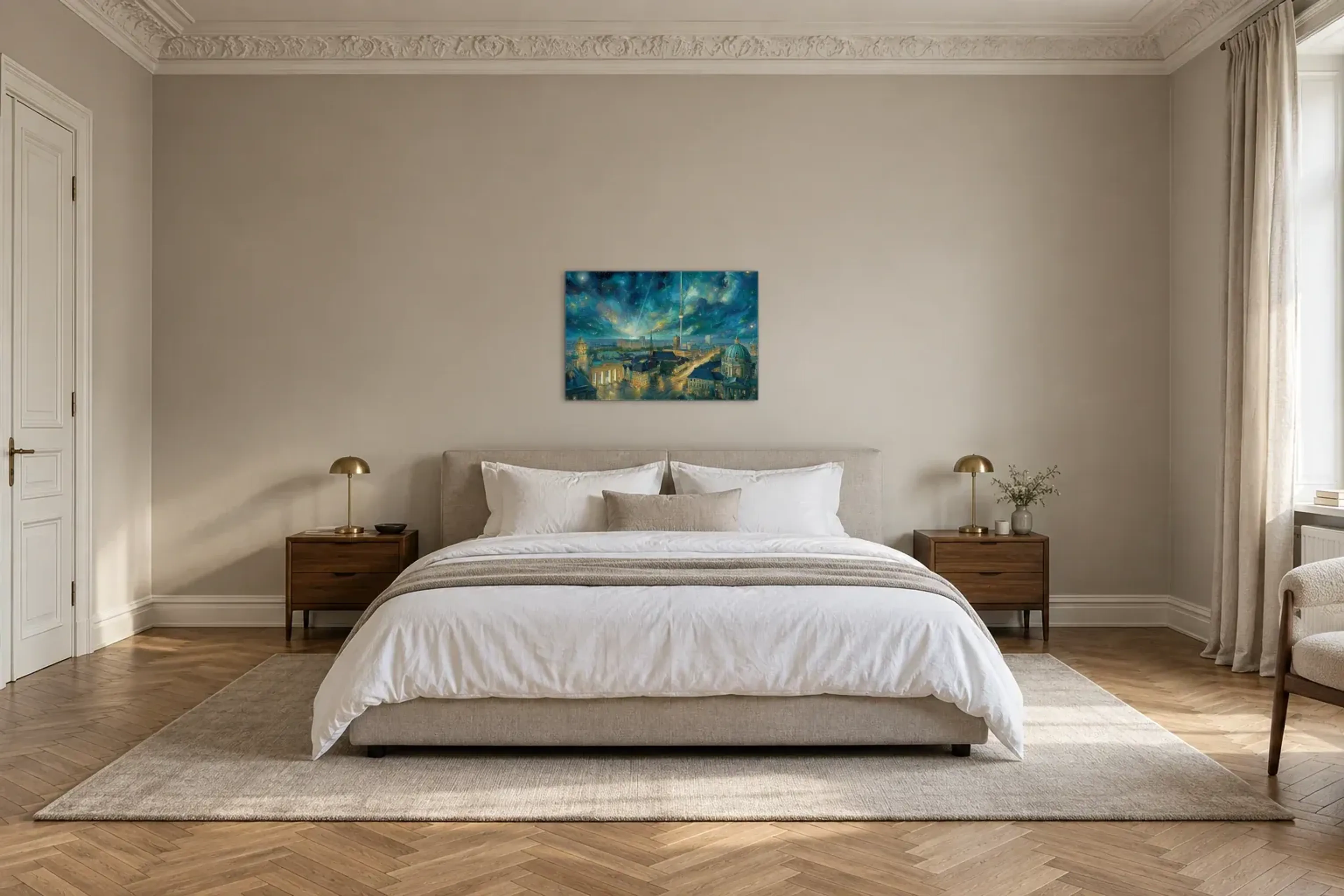 Berlin unter Sternenwirbeln als Wandbild über einem 180-cm-Bett