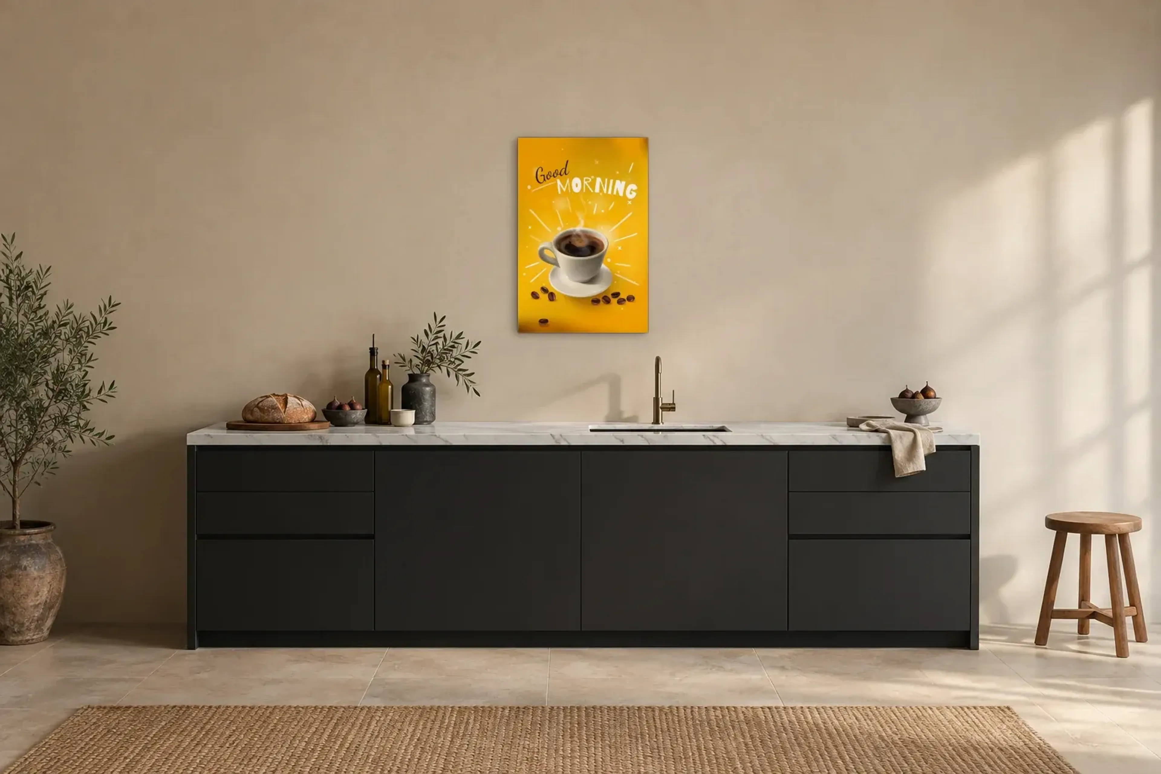 Guten Morgen in Gelb als Wandbild über einer 200-cm-Arbeitsplatte