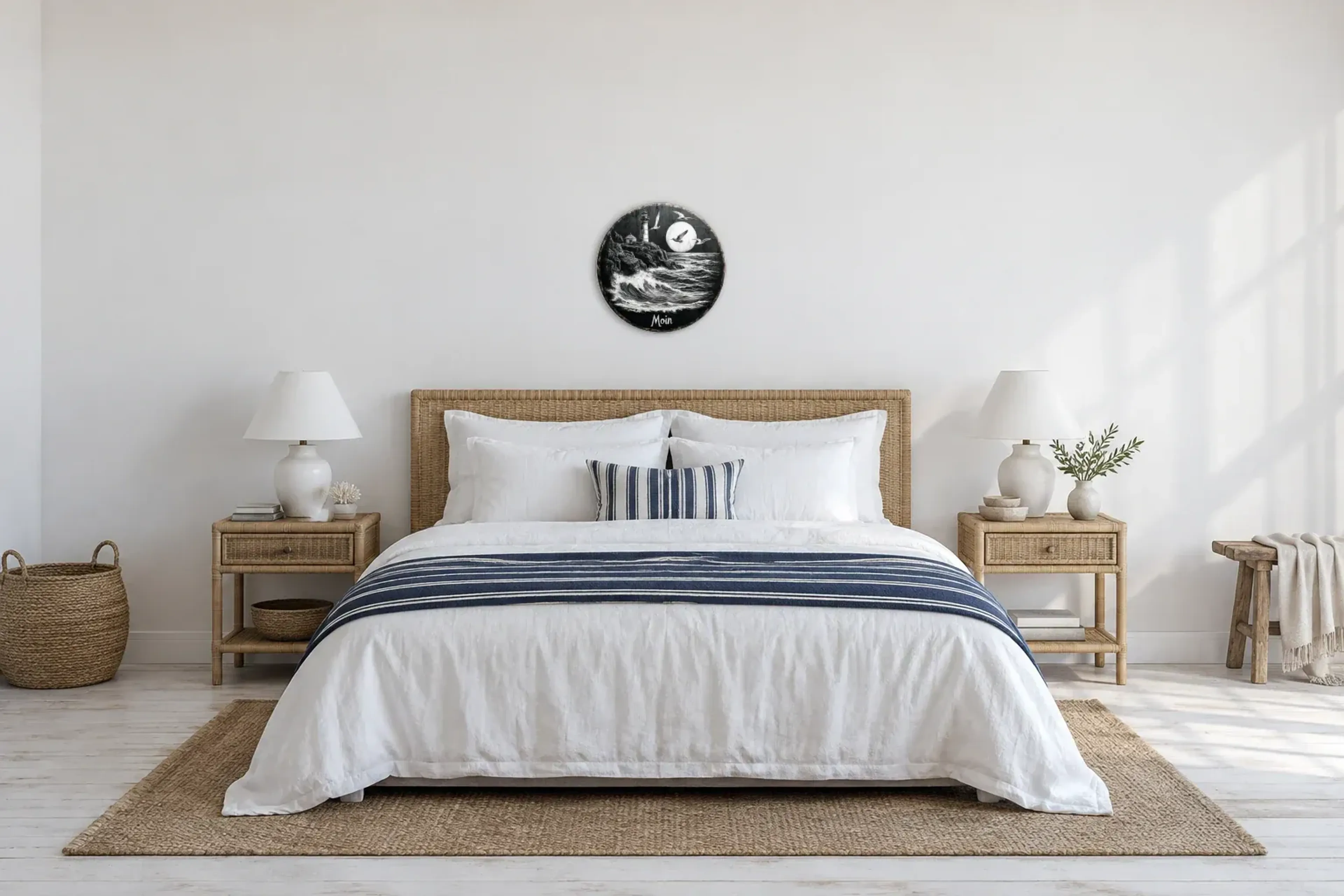 Moin am Meer als Wandbild über einem 180-cm-Bett