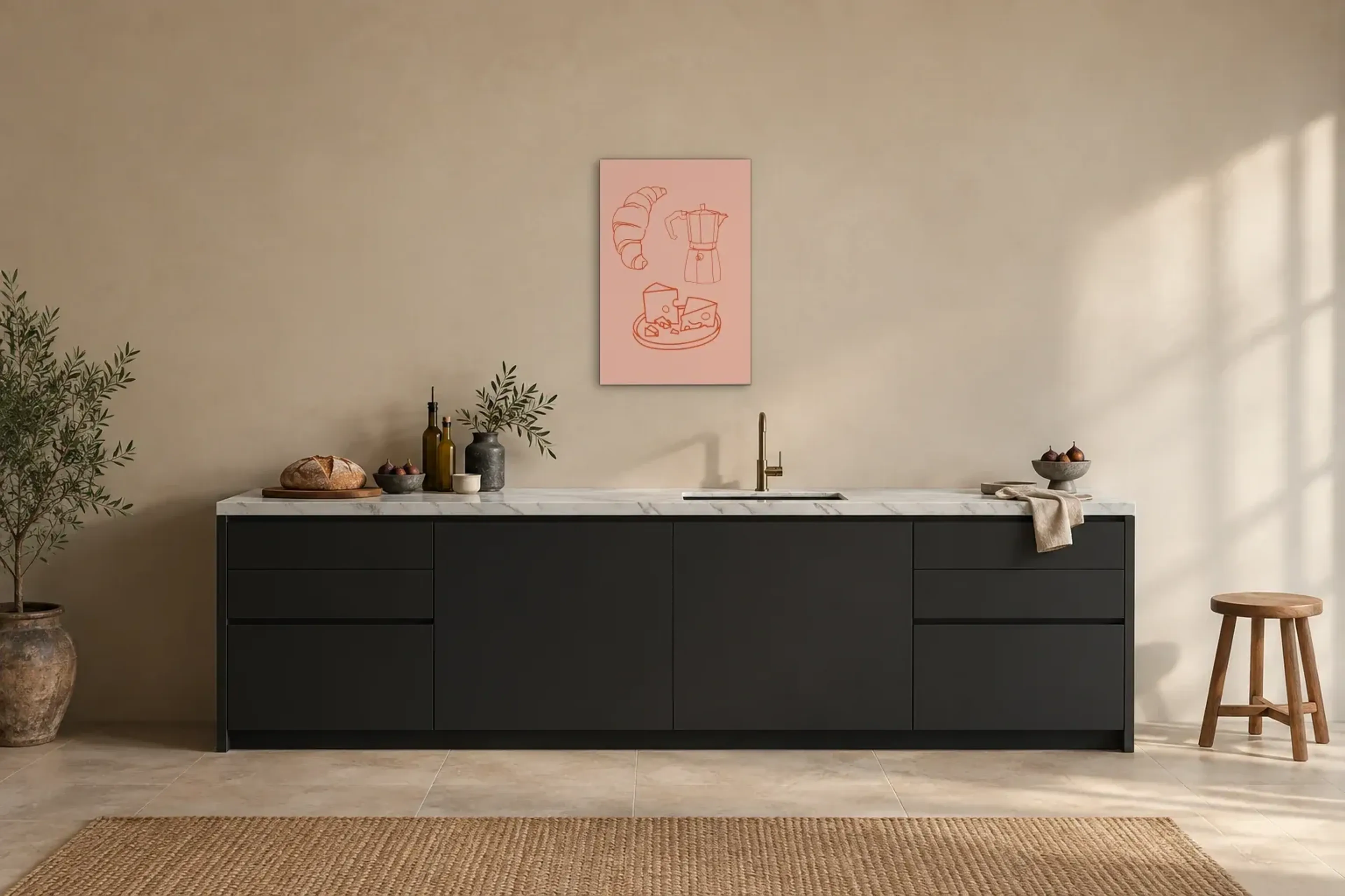 Croissant Kaffee Käse als Wandbild über einer 200-cm-Arbeitsplatte