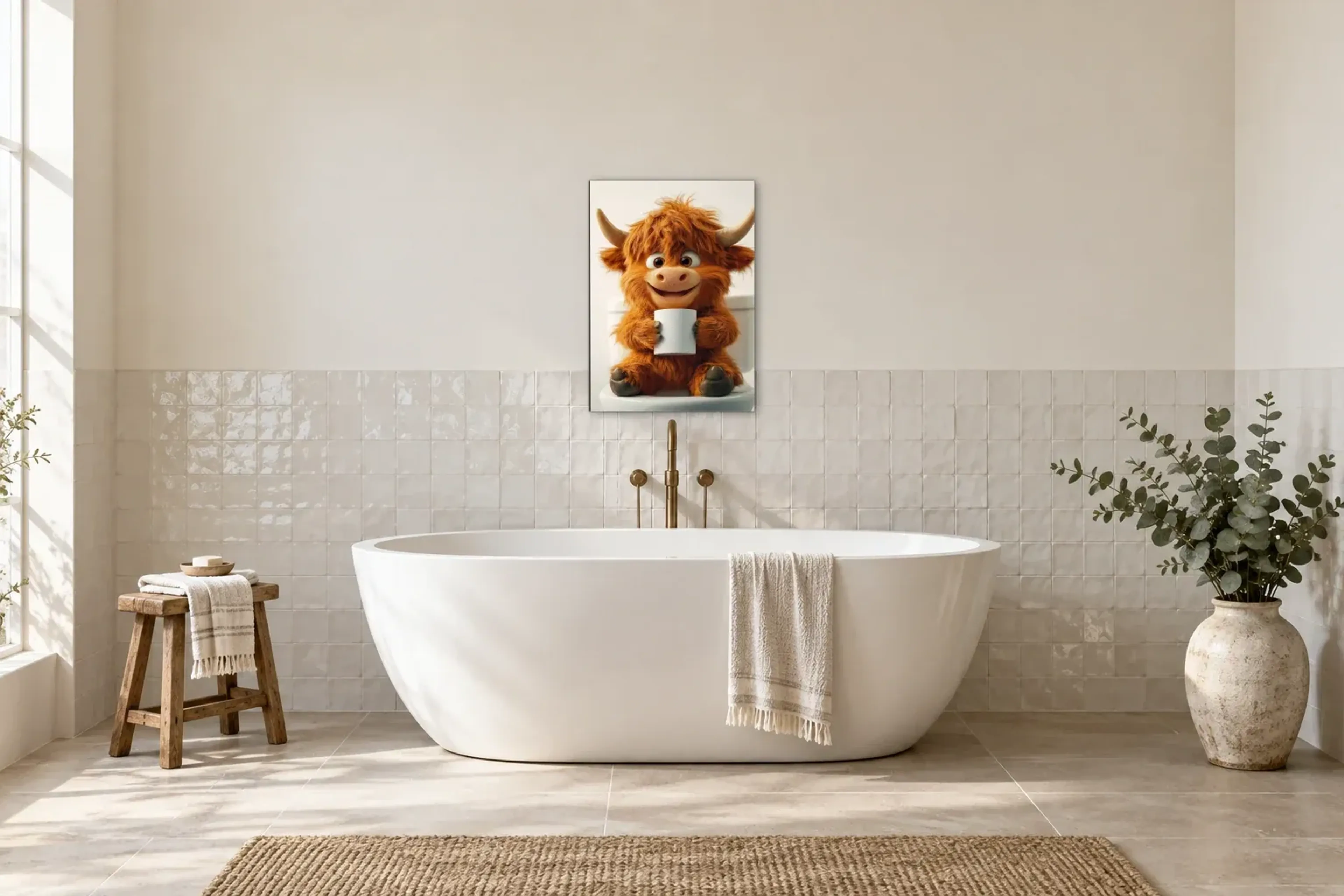 Hochlandrind mit breitem Grinsen als Wandbild über einer 170-cm-Badewanne