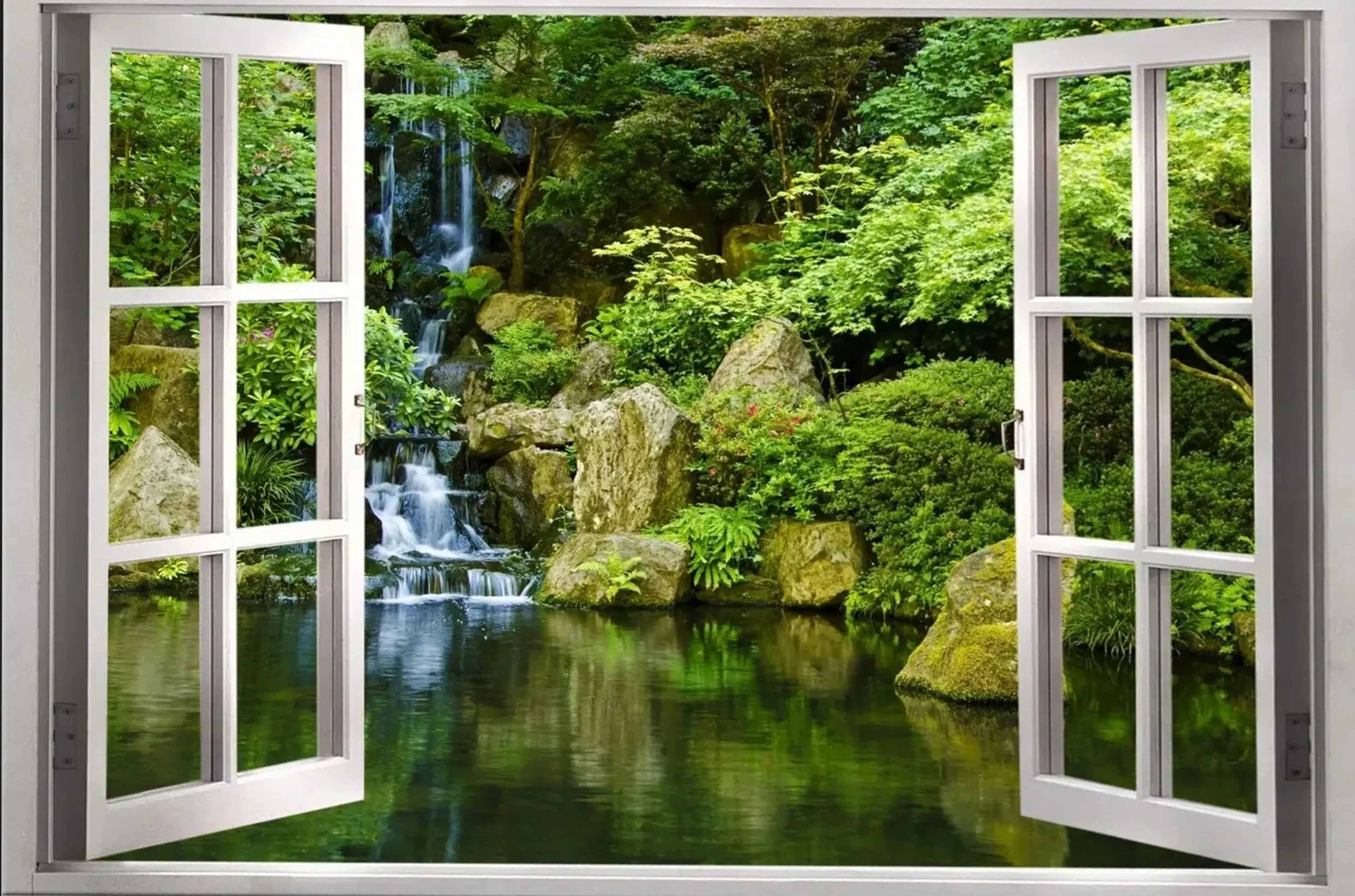 Wasserlauf im Garten – Motiv als Wandbild auf Holz